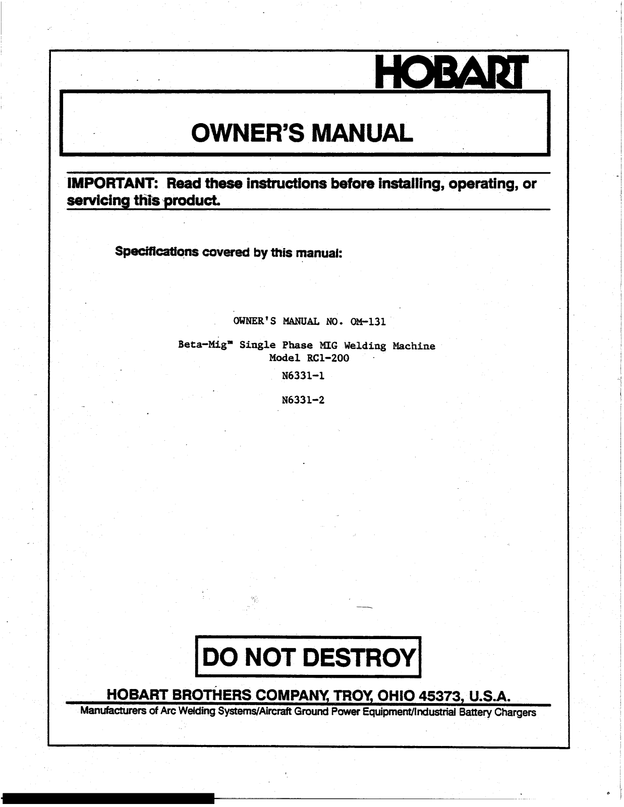 Hobart Beta-Mig 200 Owner's Manual