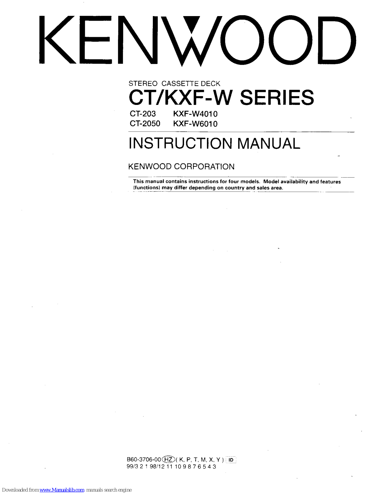 Kenwood CT-2050, KXF-W4010, KXF-W6010, CT Series, KXF-W Series Instruction Manual