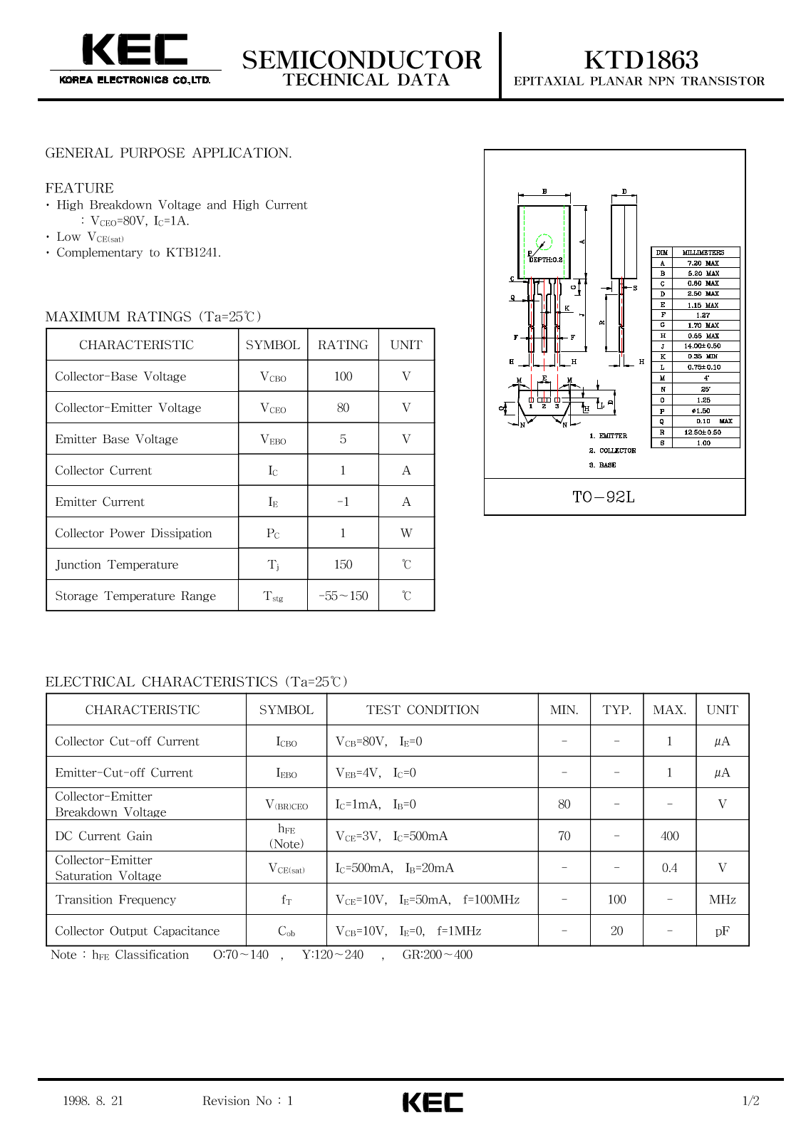 KEC KTD1863 Datasheet