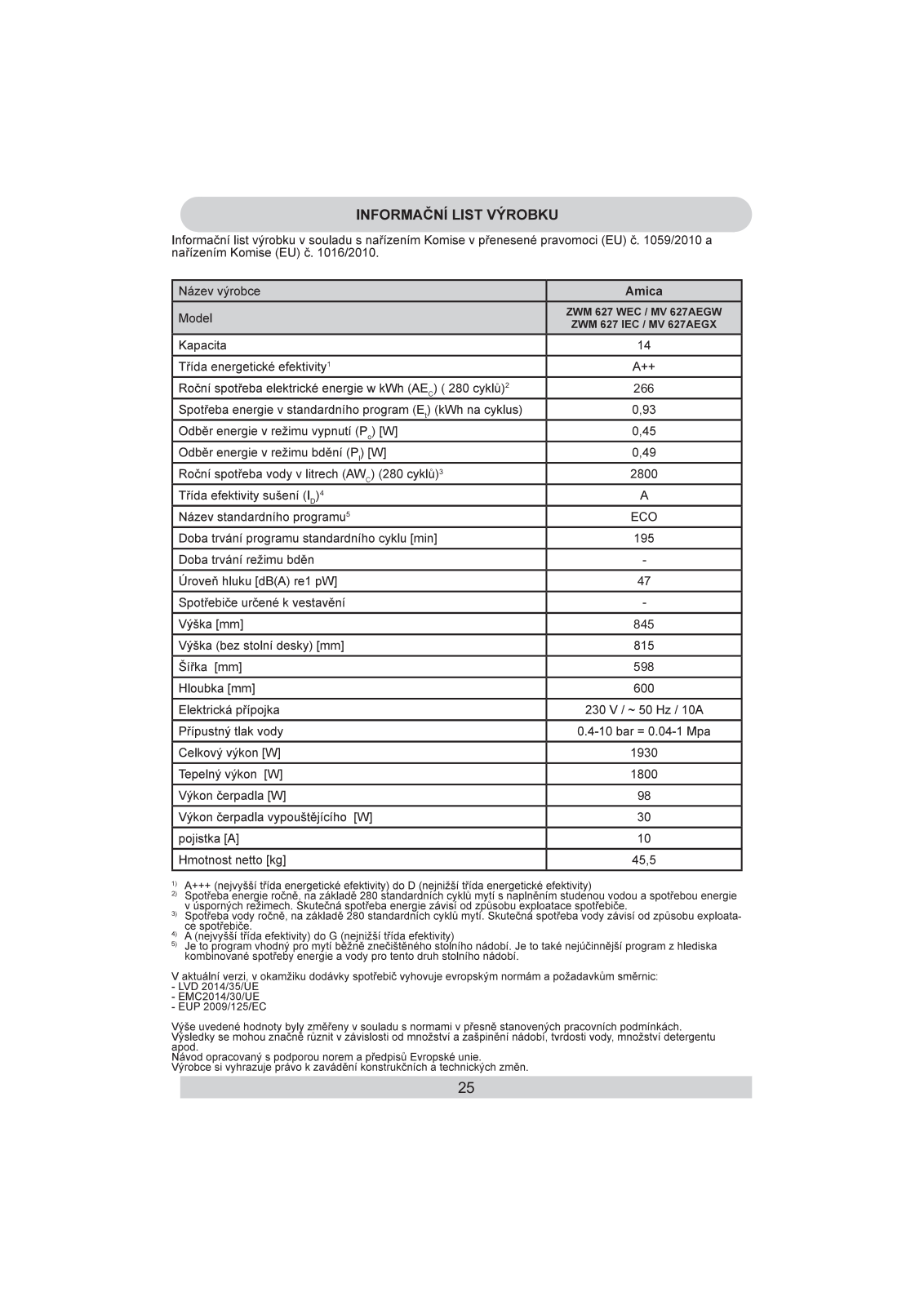 Amica MV 627 AEGW User Manual