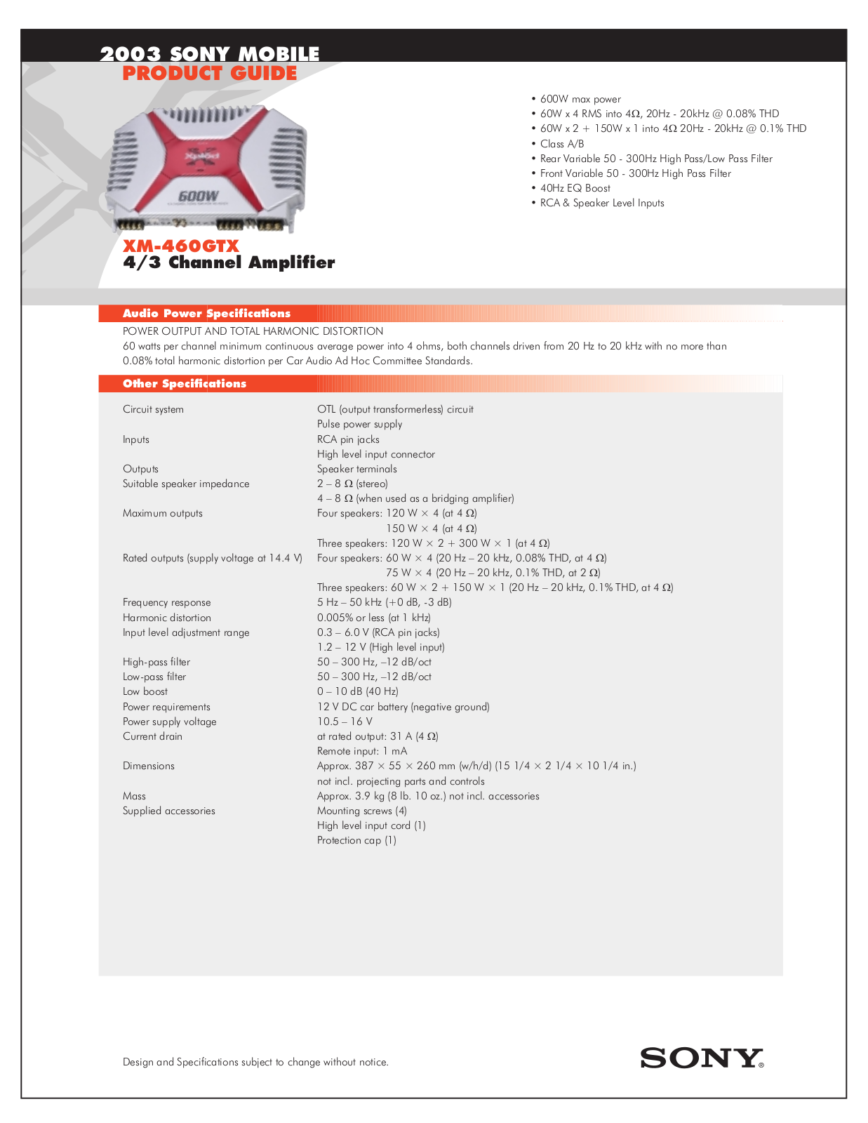 Sony XM-460GTX Marketing Specifications