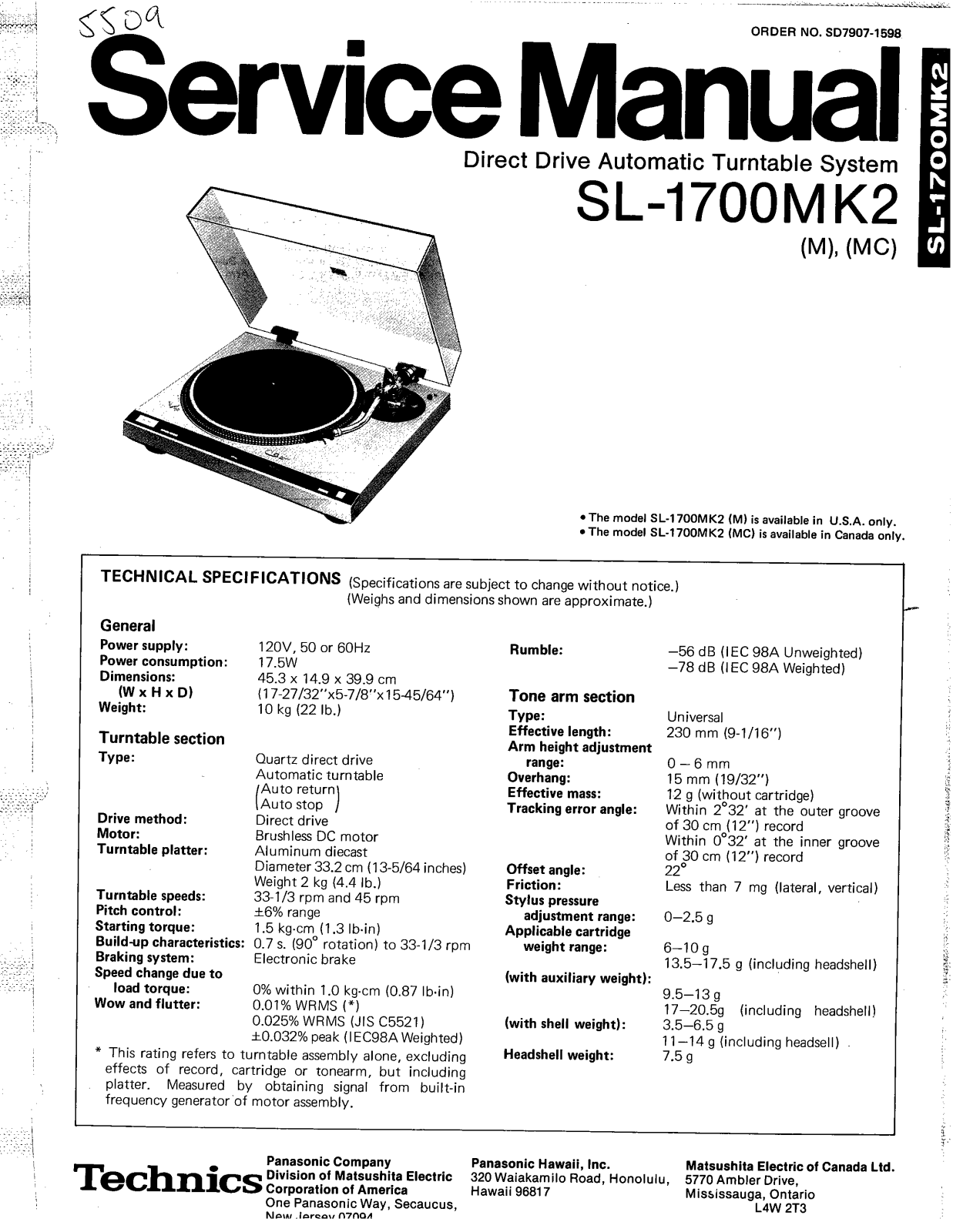 Technics SL-1700-MK2 Service Manual