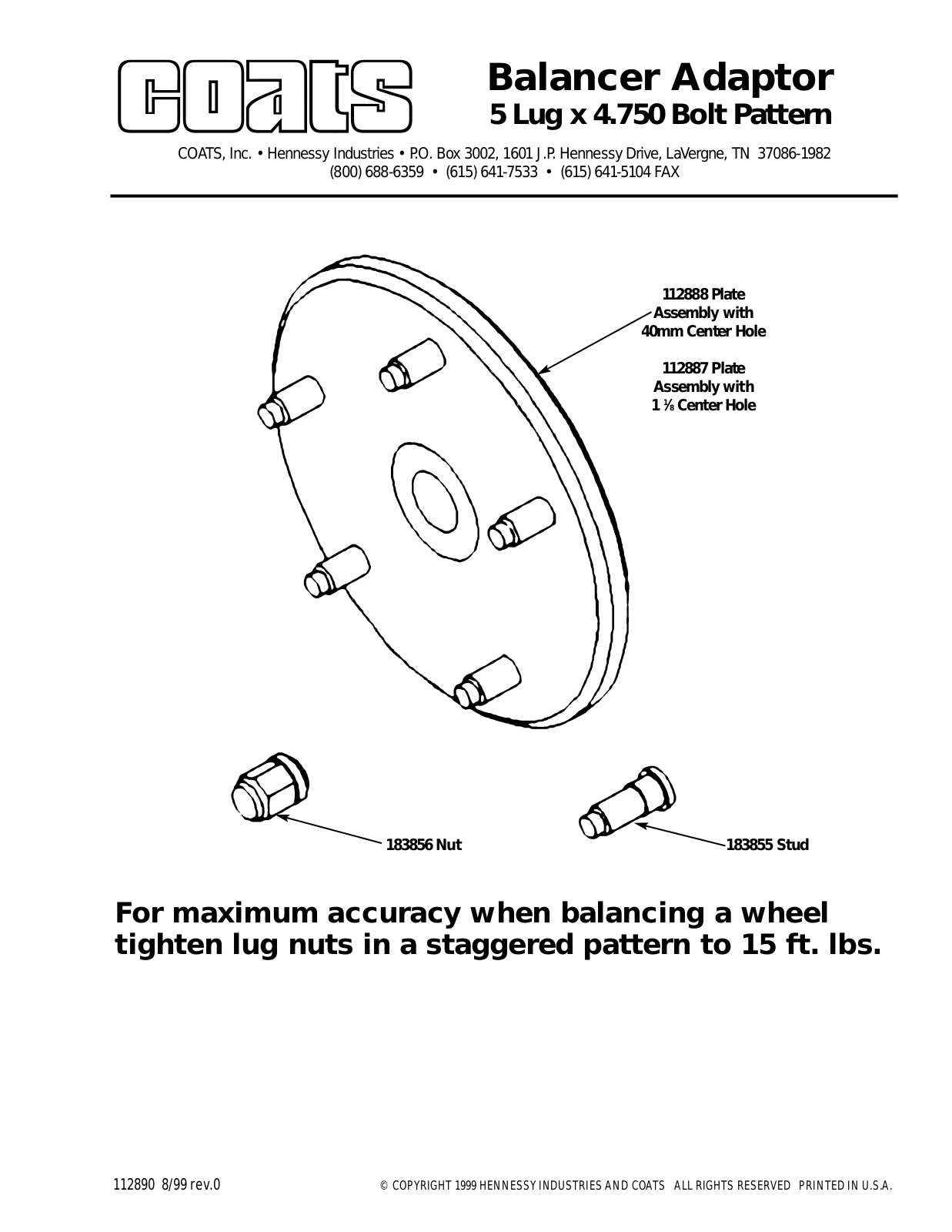 COATS Balancer Adapter, 5 lug x 4.750 Bolt Pattern User Manual