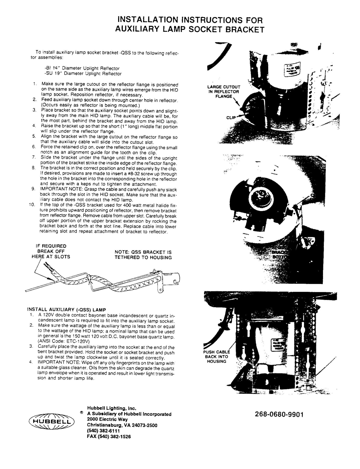 Hubbell Lighting LAMP SOCKET BRACKET User Manual