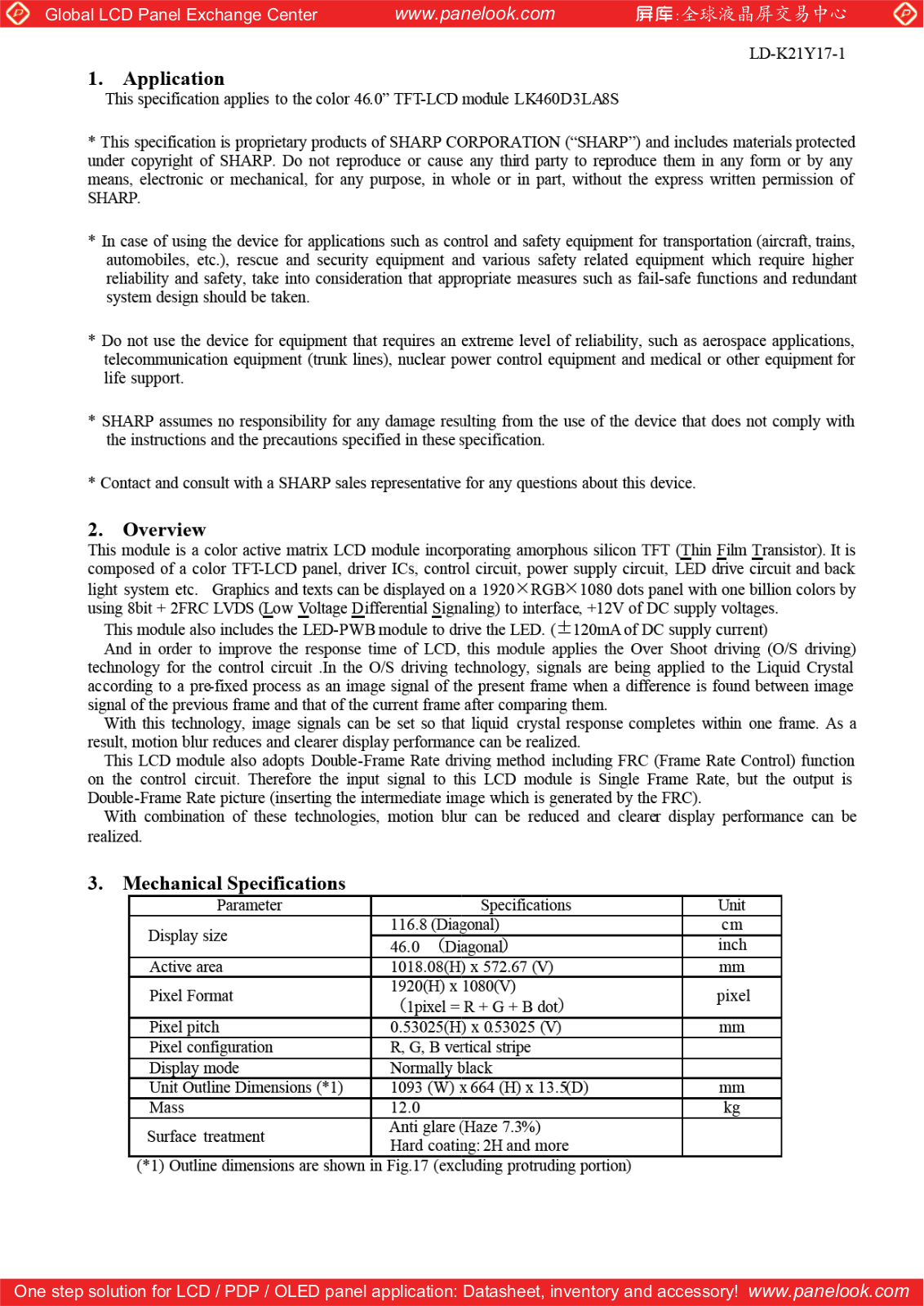 SHARP LK460D3LA8S Specification