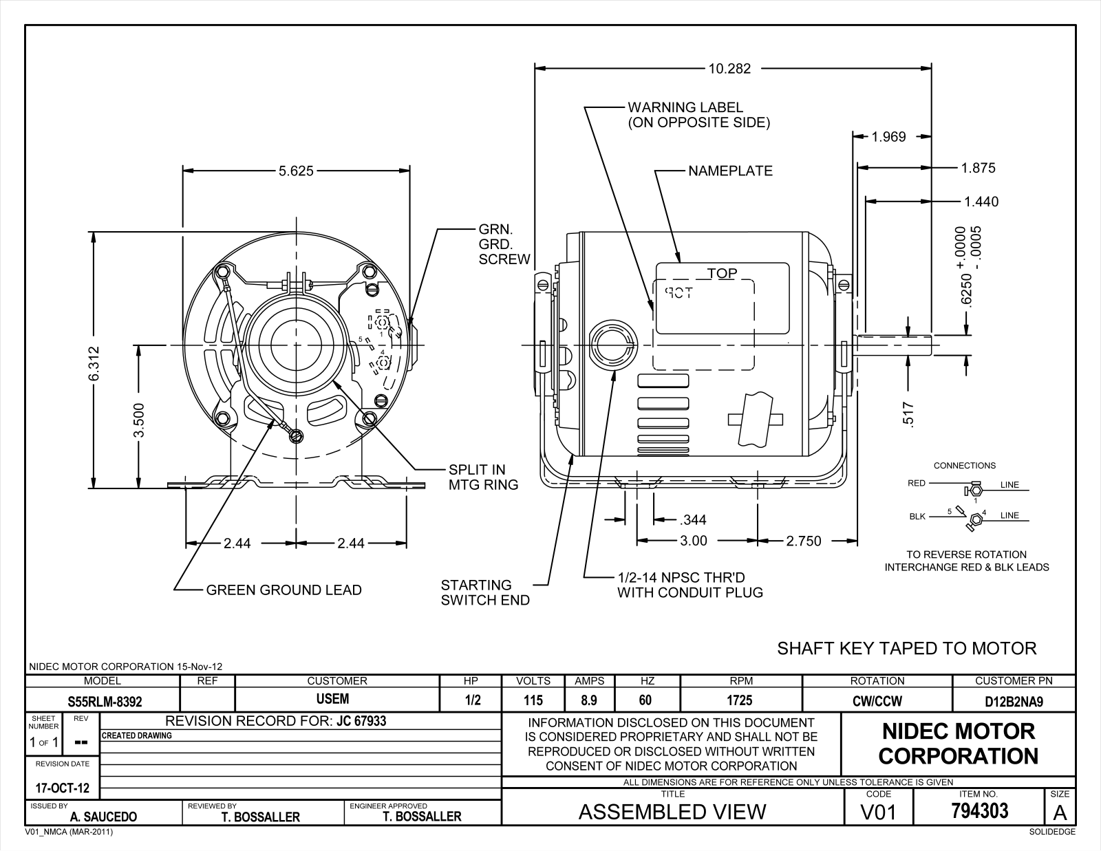 US Motors D12B2NA9 Dimensional Sheet