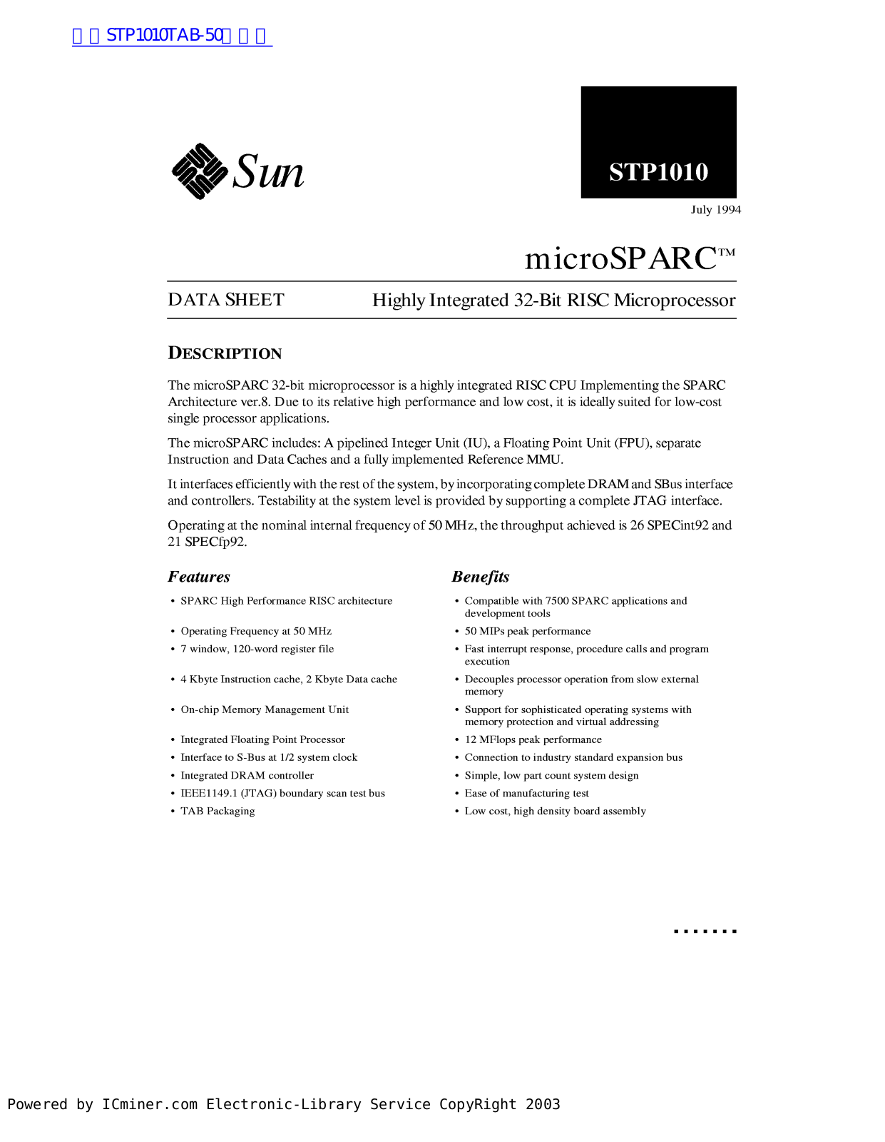 Sun MICROELECTRONICS STP1010 Technical data