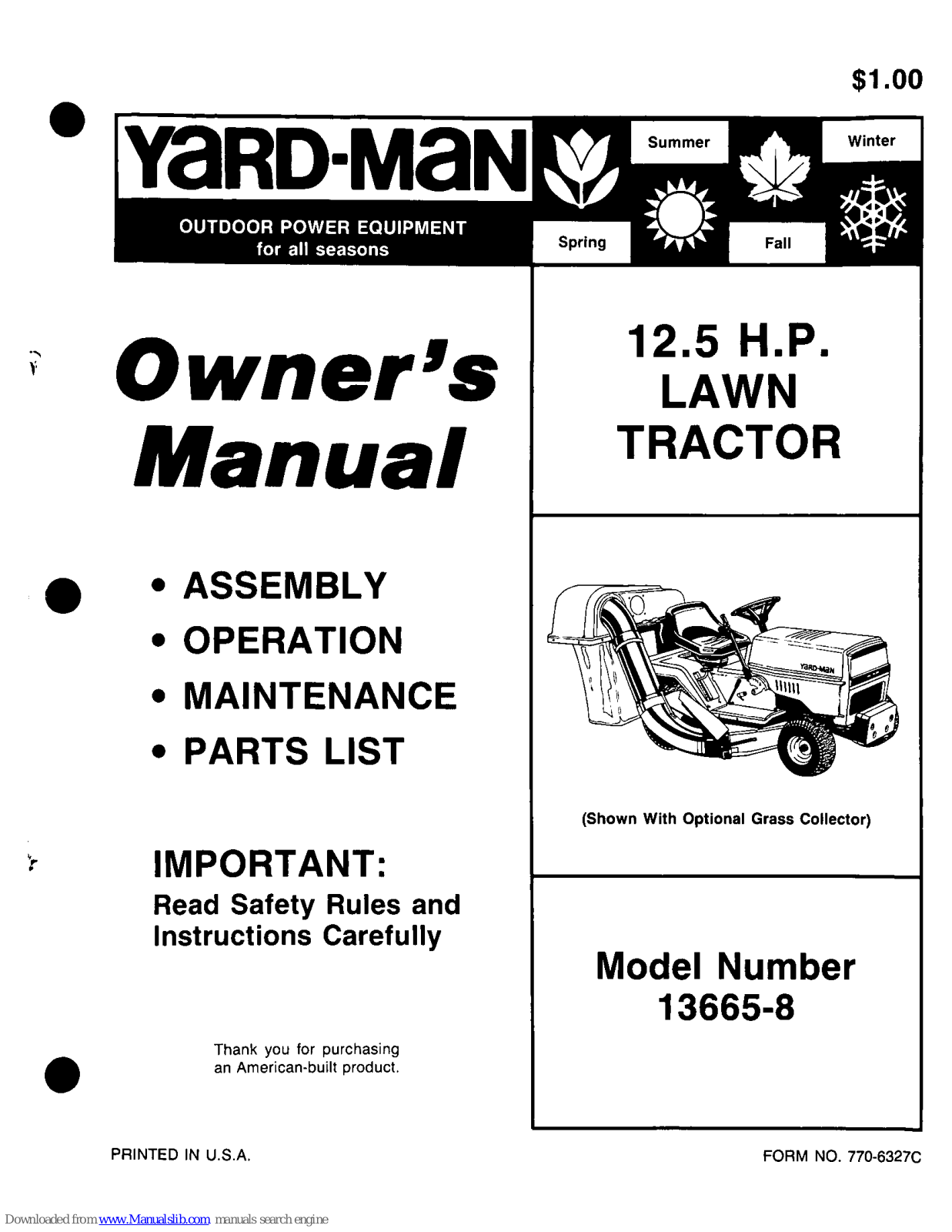 Yard-Man 13665-8, 13665 Owner's Manual