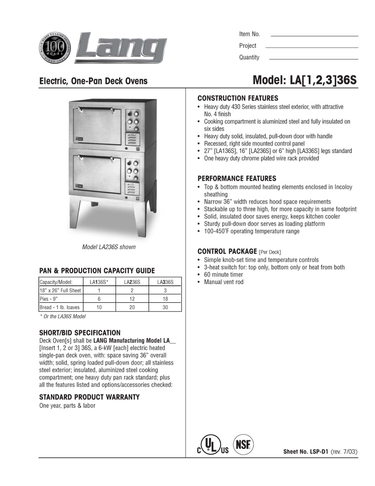 Lang Manufacturing LA136S User Manual