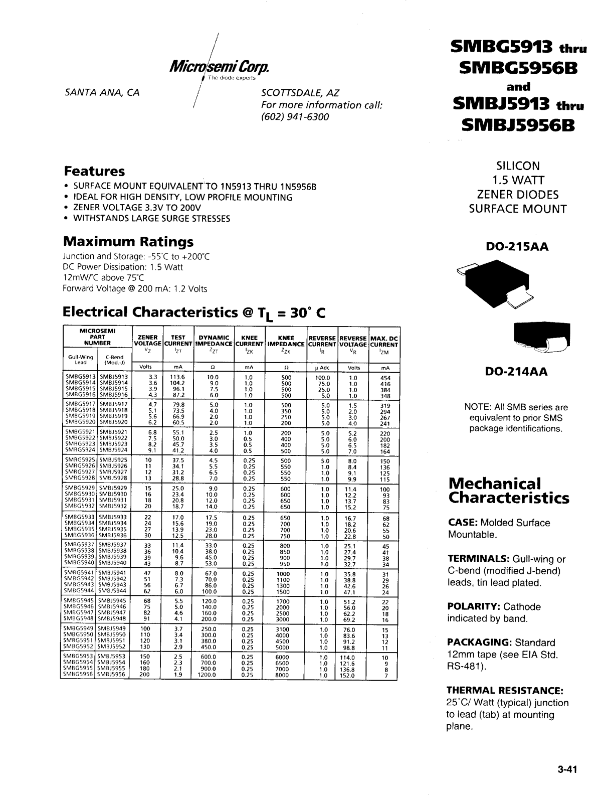 Microsemi Corporation SMBJ5913B, SMBJ5927B, SMBJ5914B, SMBJ5918B, SMBJ5925B Datasheet