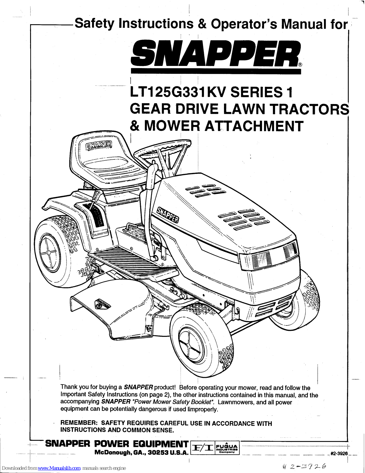 Snapper LT125G331KV Series 1 Safety Instructions & Operator's Manual