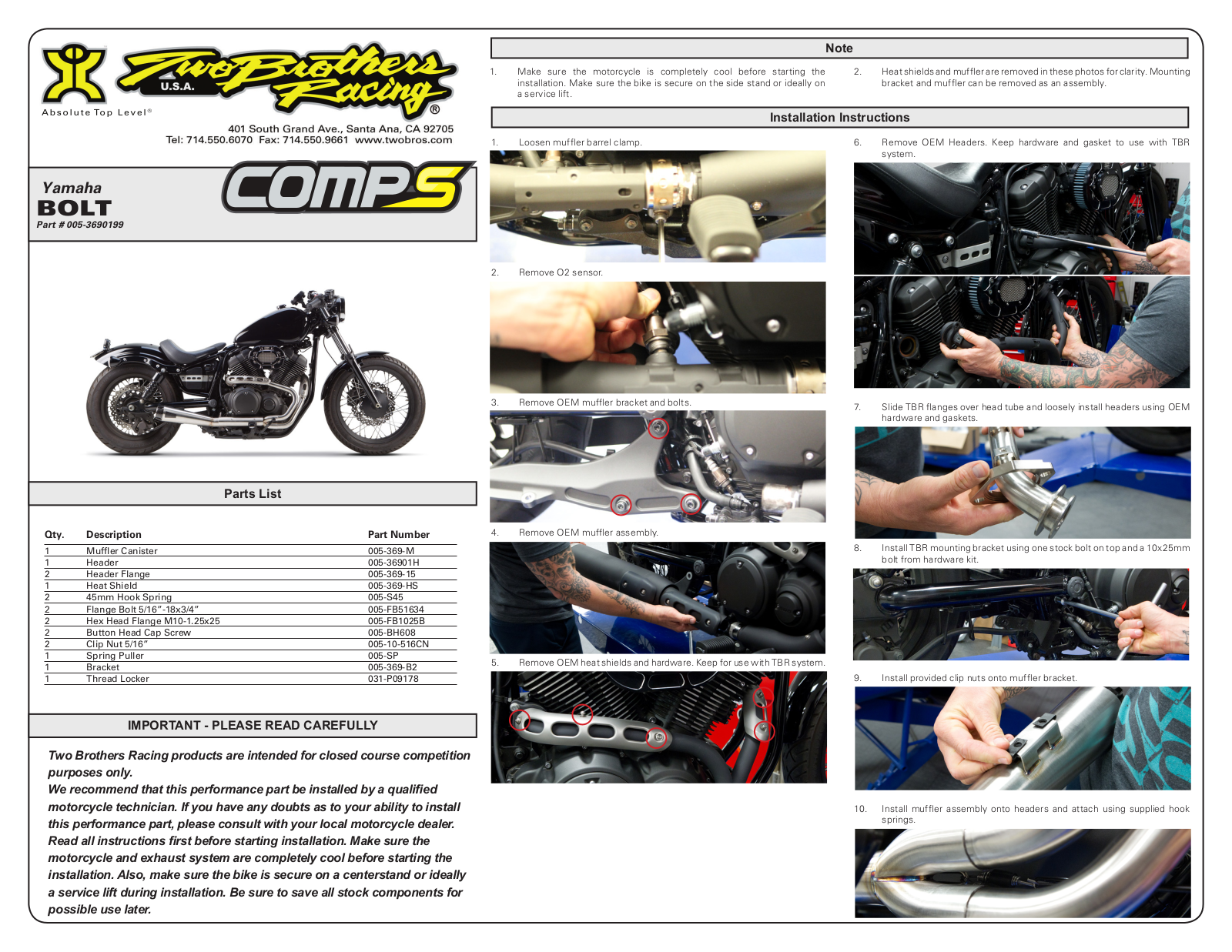 Two Brothers Racing Yamaha Bolt User Manual