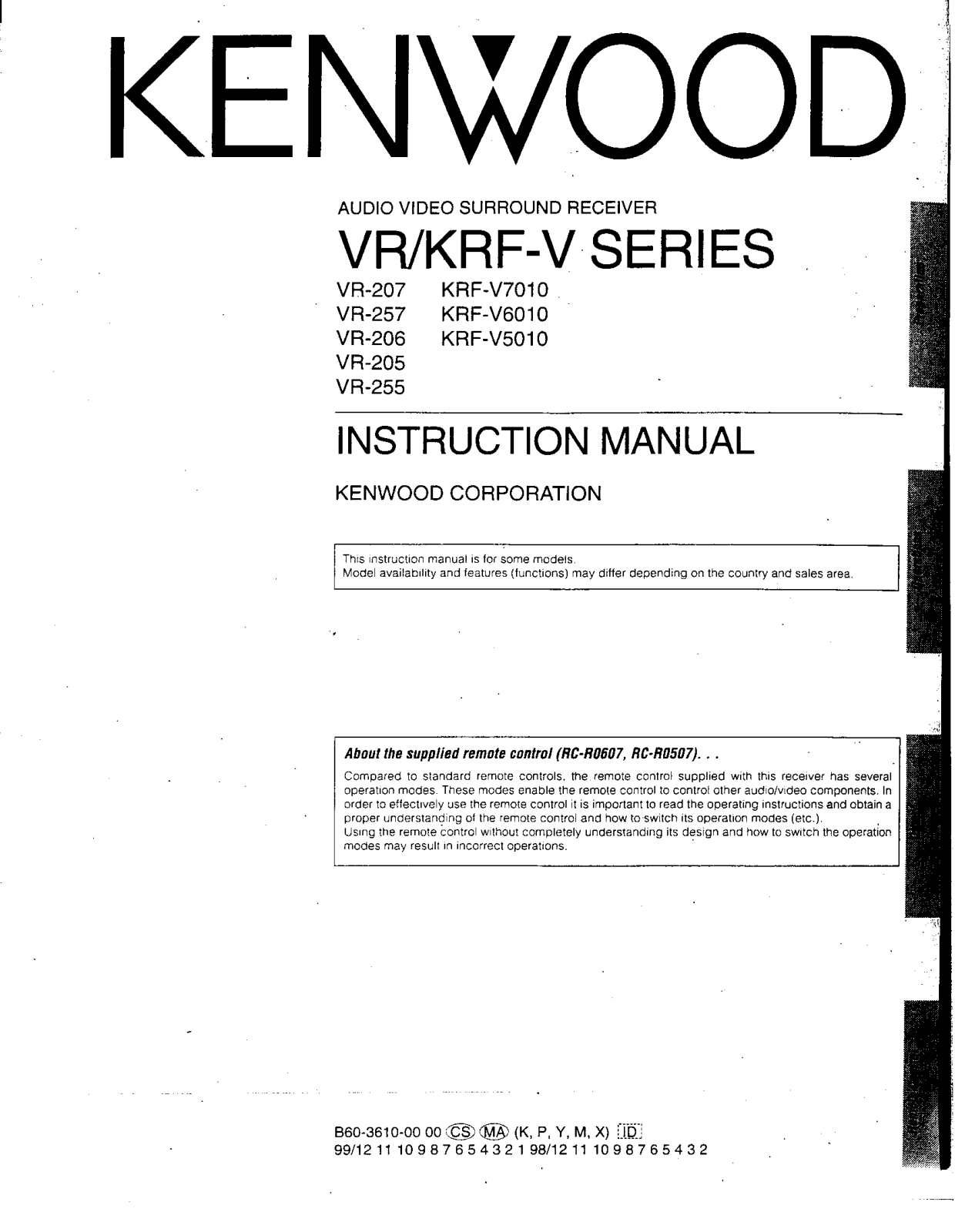 Kenwood VR-257, VR-255, VR-207, VR-205, KR-FV7010 Owners Manual