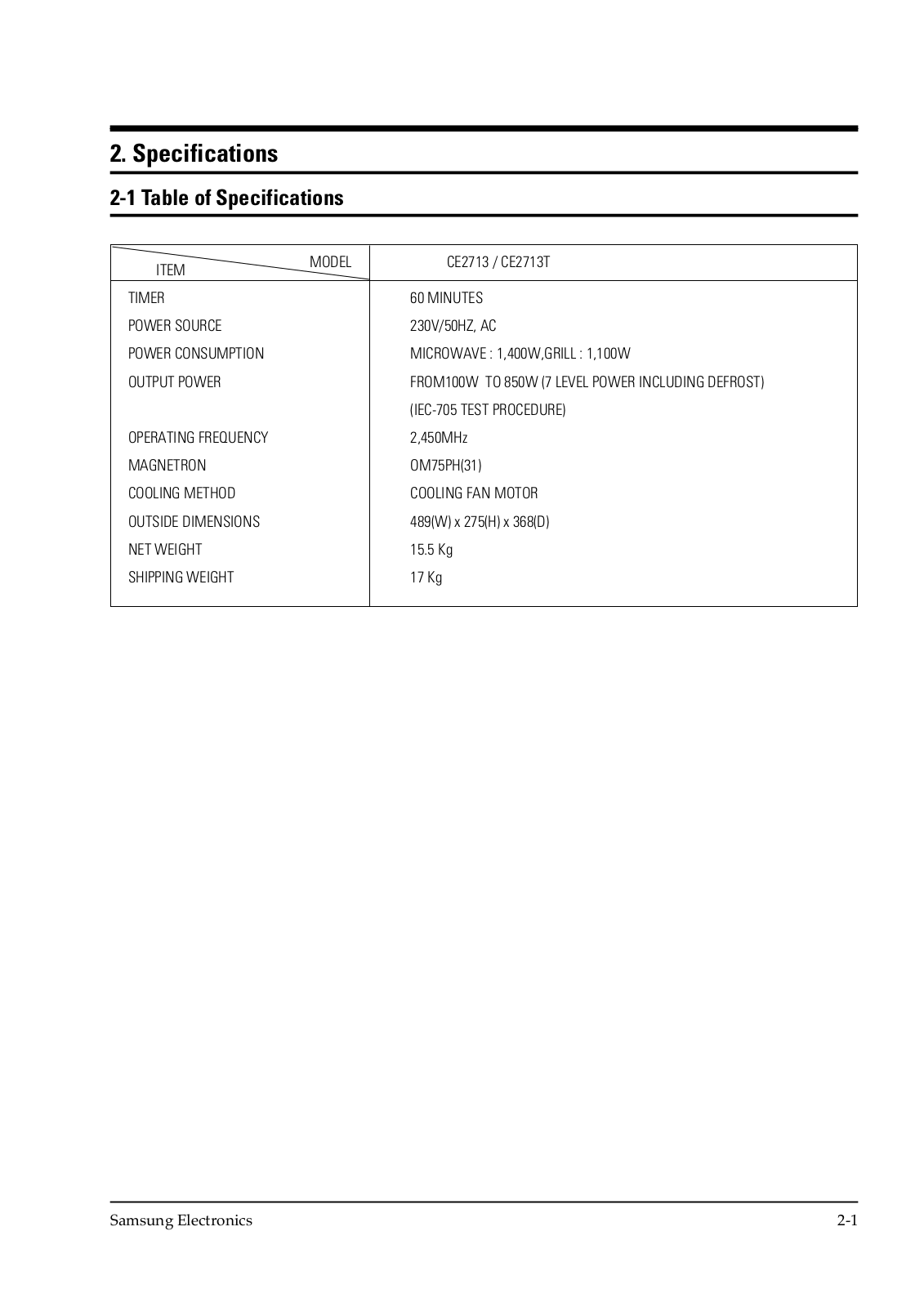 Samsung CE2713, CE2713-B-XEG Specifications