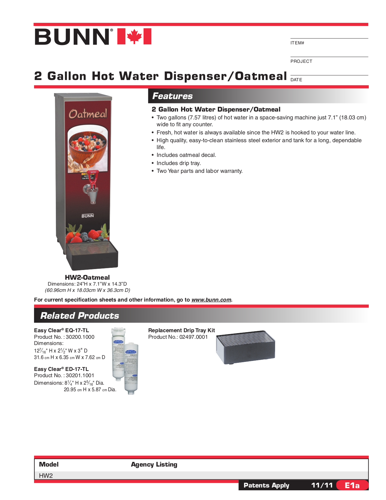 Bunn-O-Matic HW2-Oatmeal General Manual