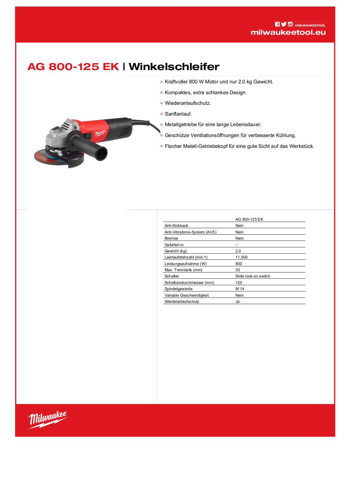 Milwaukee AG 800-125 EK User Manual