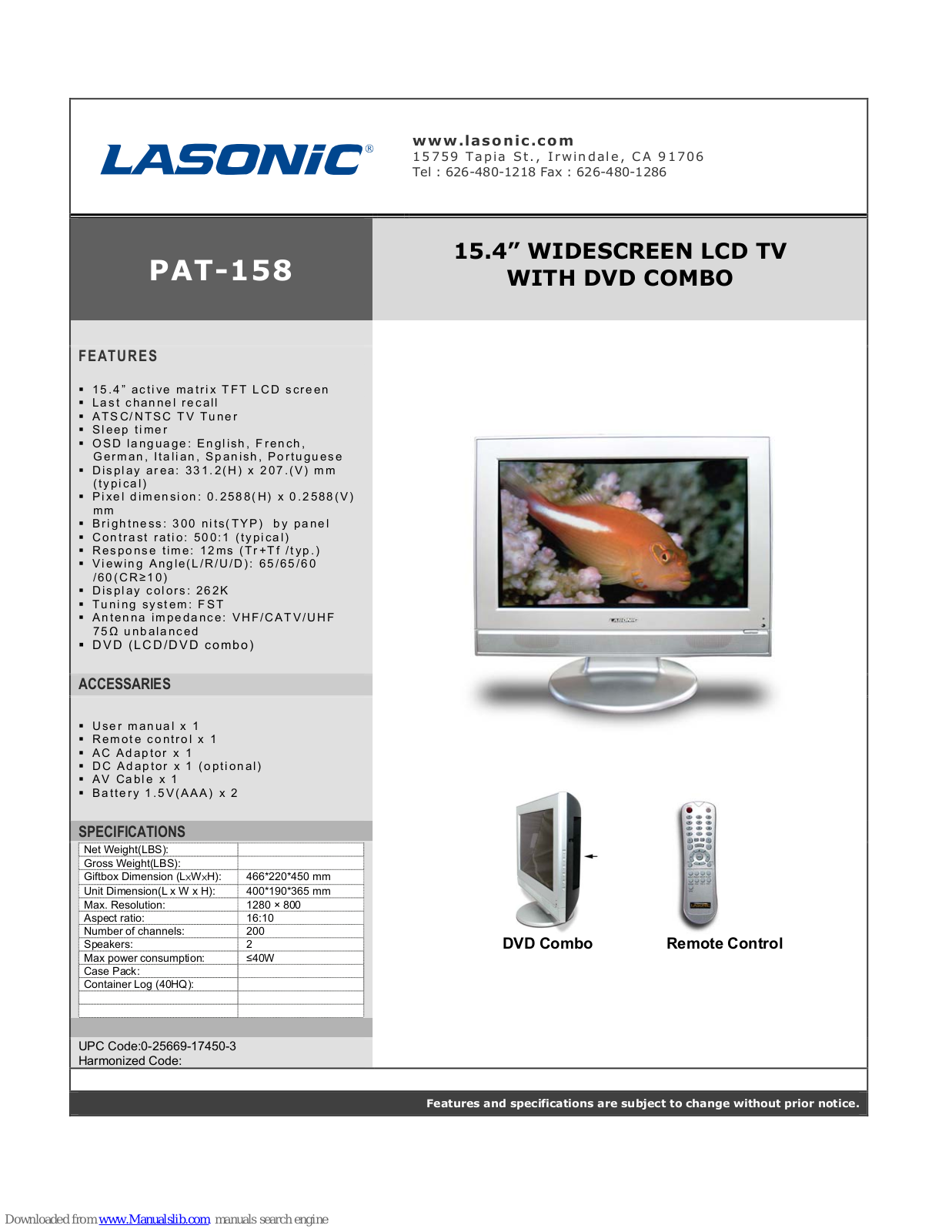 Lasonic PAT-158 Specifications - ManualMachine.com