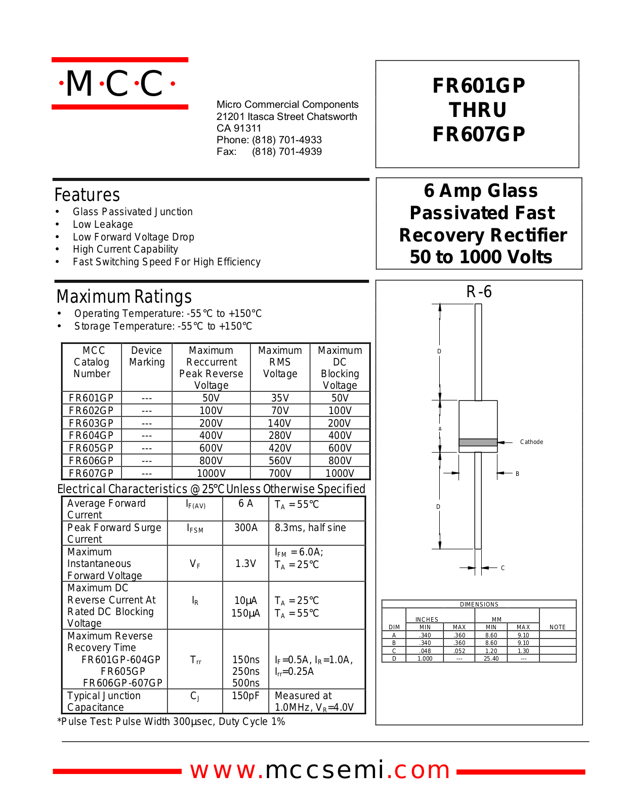 MCC FR601GP, FR606GP, FR603GP, FR604GP, FR607GP Datasheet