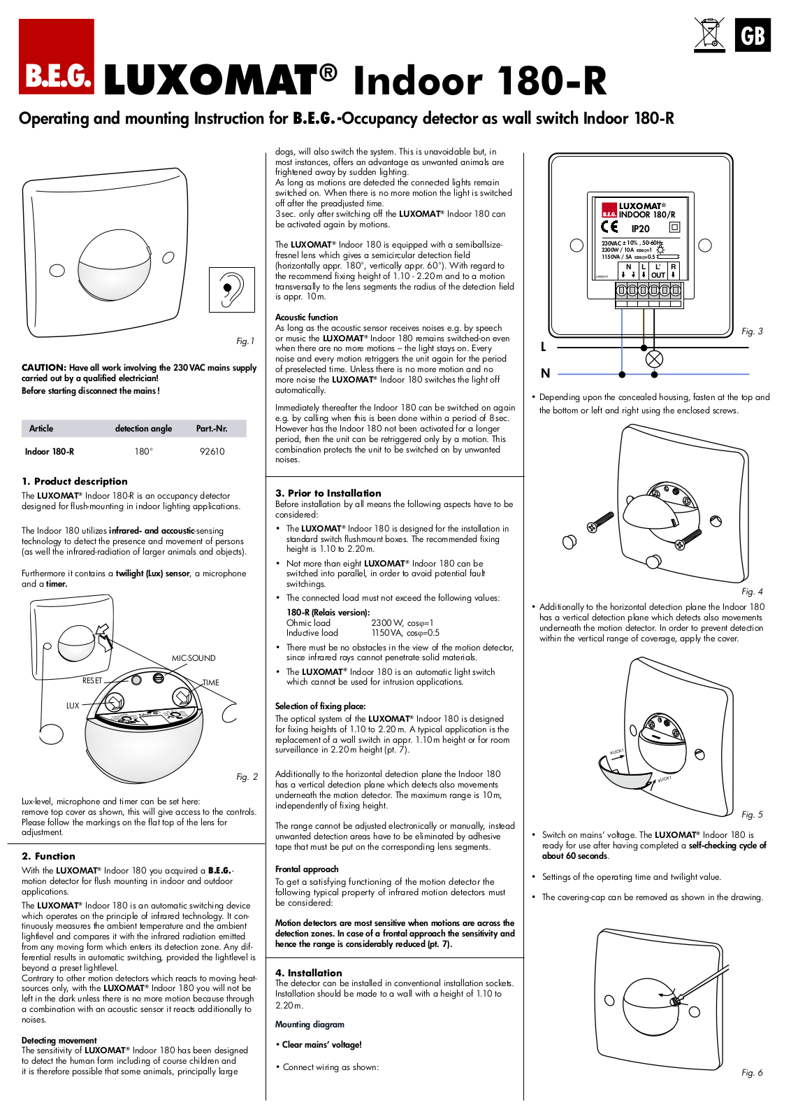 B.E.G. 92610, Indoor 180-R Installation Instructions - ManualMachine.com