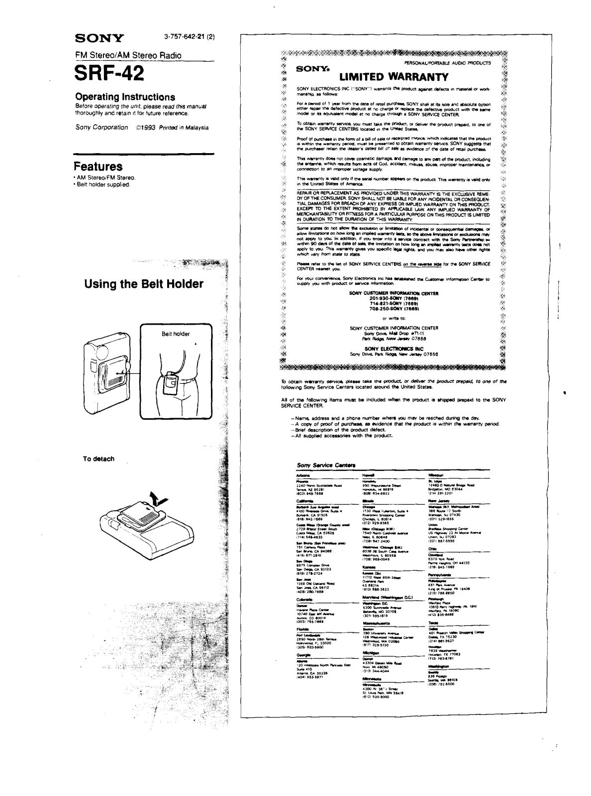 Sony SRF-42 User Manual