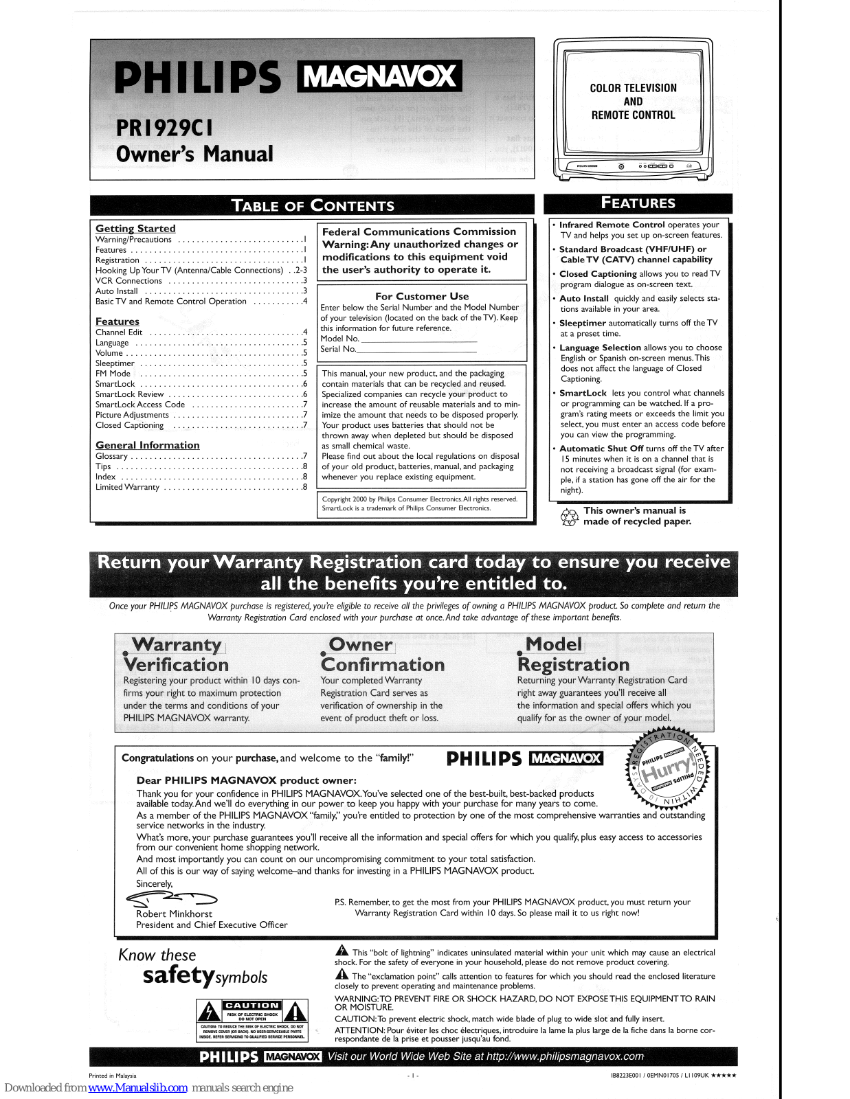 Philips/Magnavox PR1929CI, 19 IN COLOR TV PR1929C, 20I-19V-MONO PR1929B, PR1929B Owner's Manual