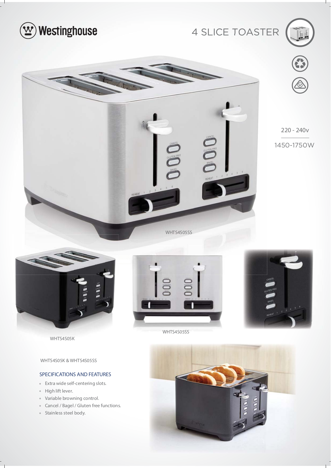 Westinghouse WHTS4S05SS, WHTS4S05K Specifications Sheet