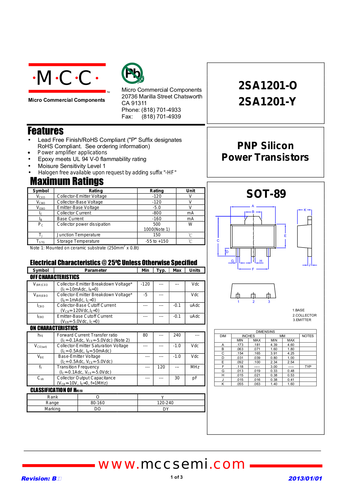 MCC 2SA1201-O, 2SA1201-Y Schematic