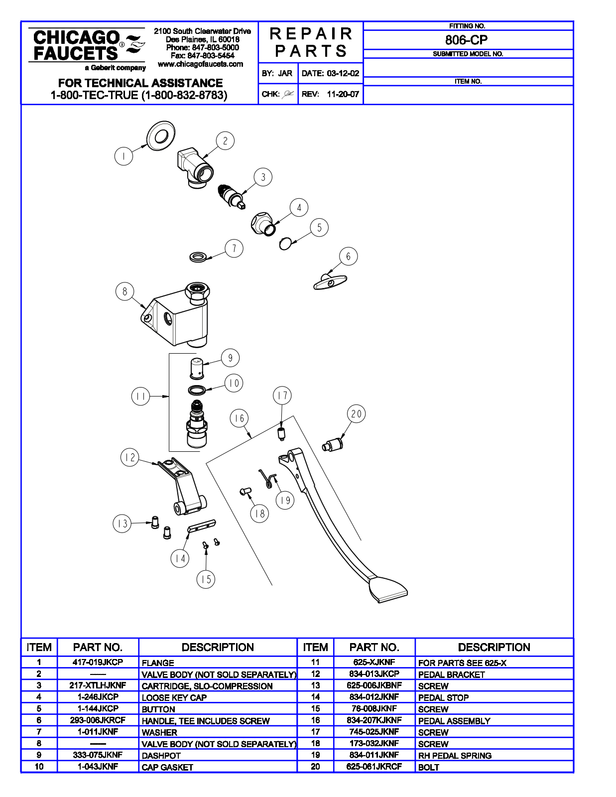 Chicago Faucet 806-CP Parts List