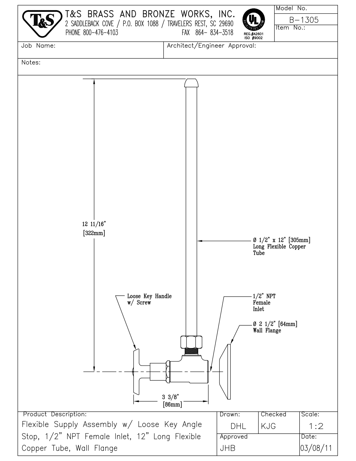T&S Brass B-1305 Specifications
