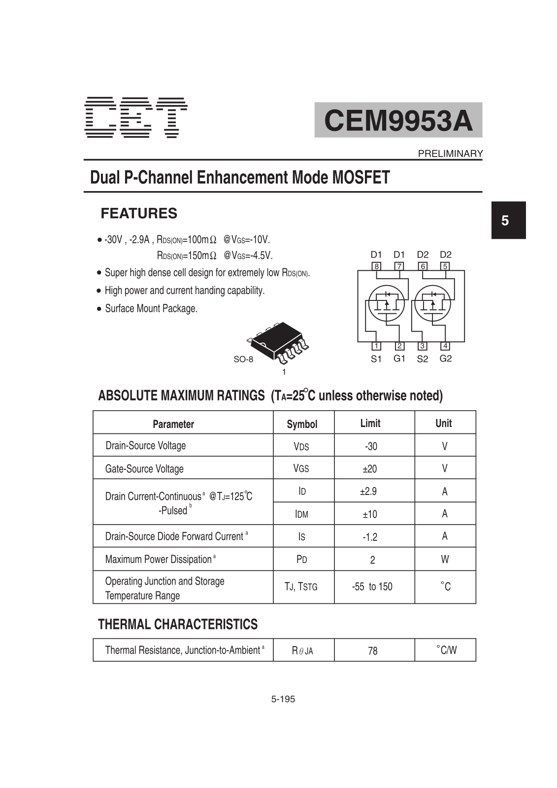 Datasheet CEM9953A Datasheet (CET) - ManualMachine.com