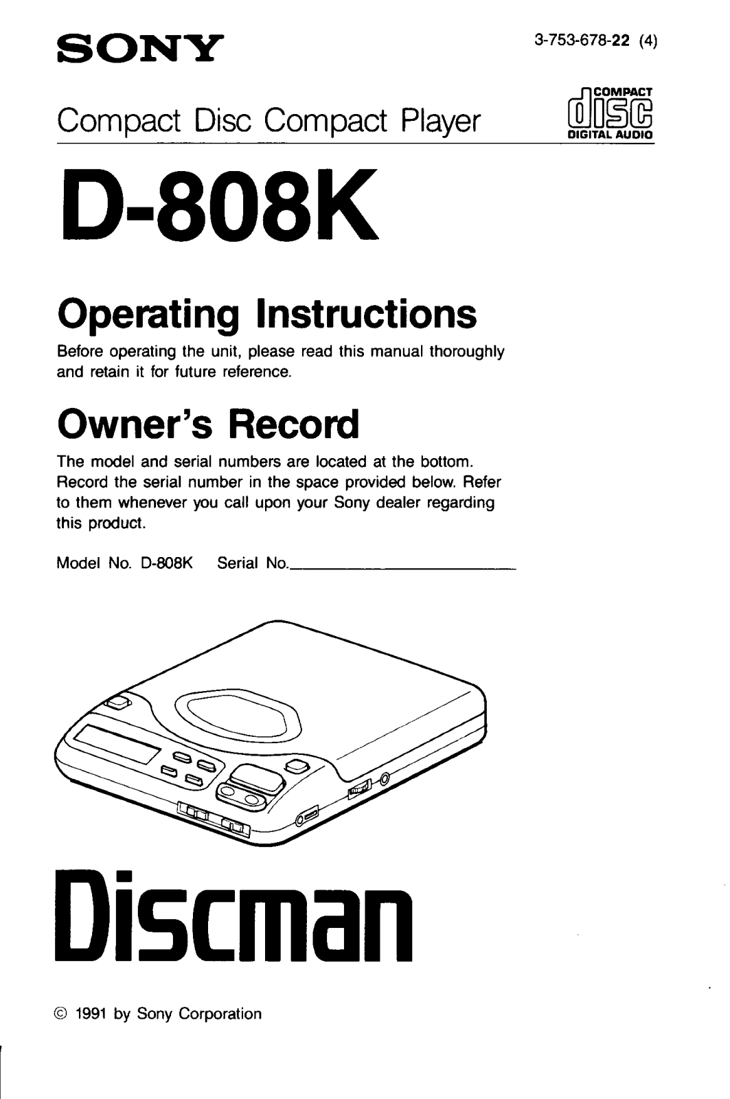 Sony D808K Operating Instructions