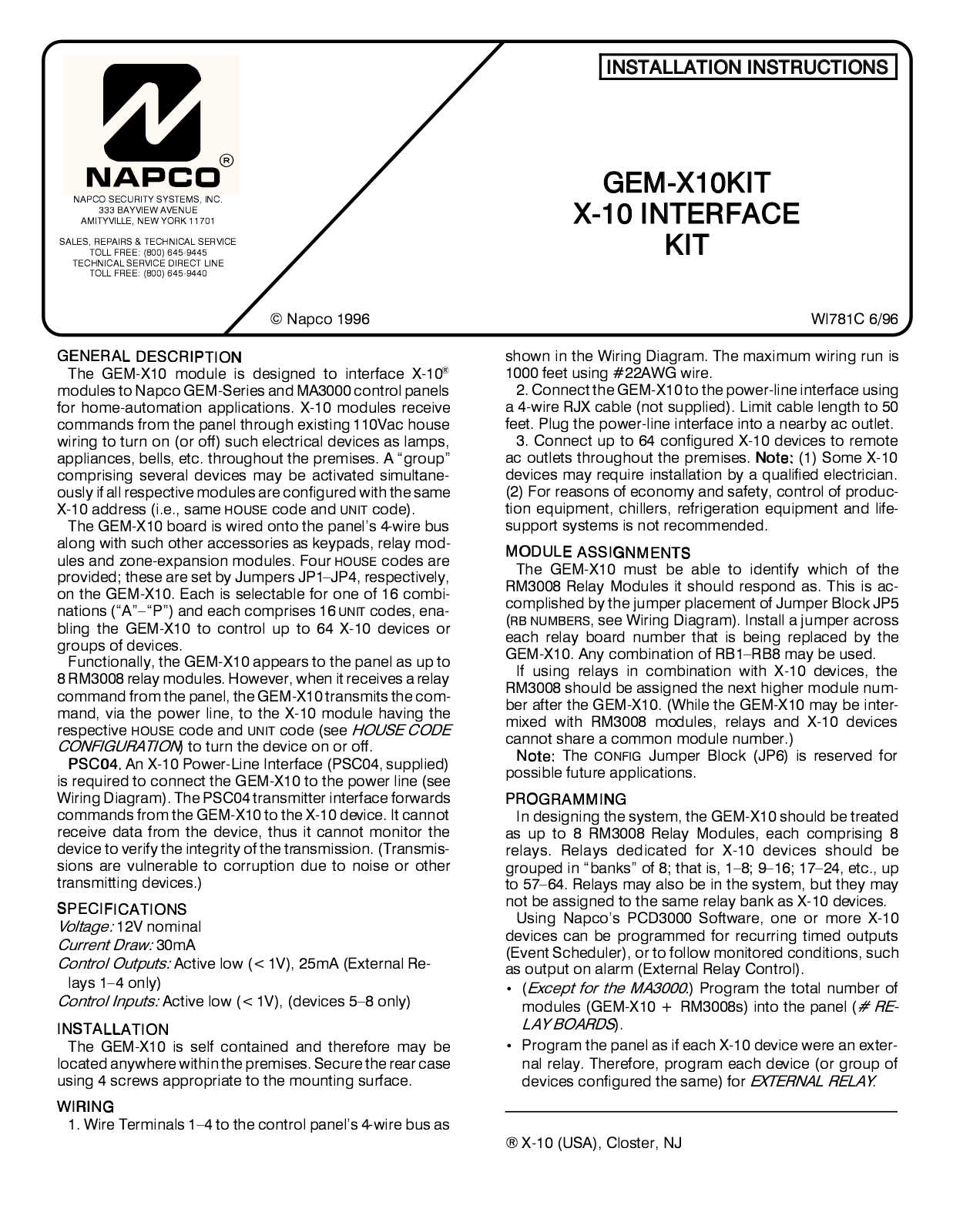 NAPCO GEM-X10 Installation Instruction