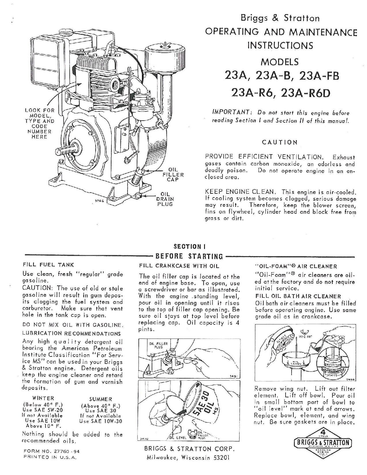 Briggs & Stratton 231-R6D, 23A, 23A-FB, 23A-R6, 23A-B User Manual