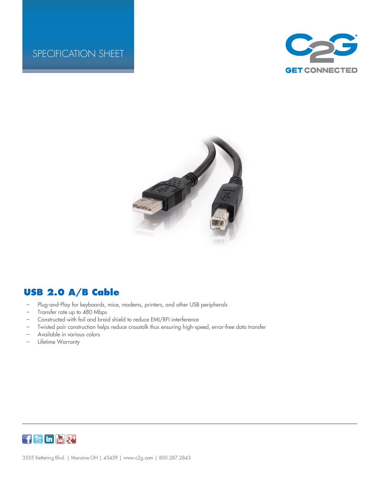 Cables To Go USB 2.0 A/B Cable Specifications