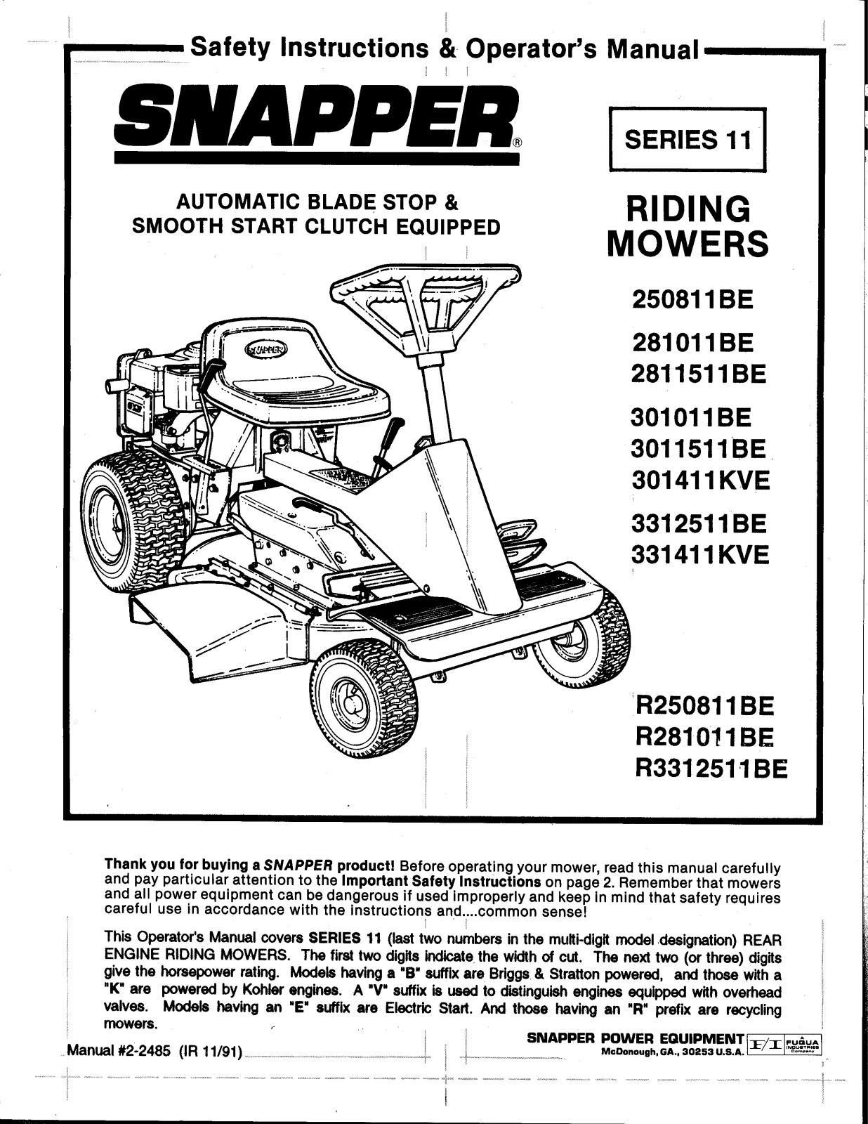 Snapper R250811BE, 3011511BE, 281011BE, R3312511BE, 301011BE User Manual