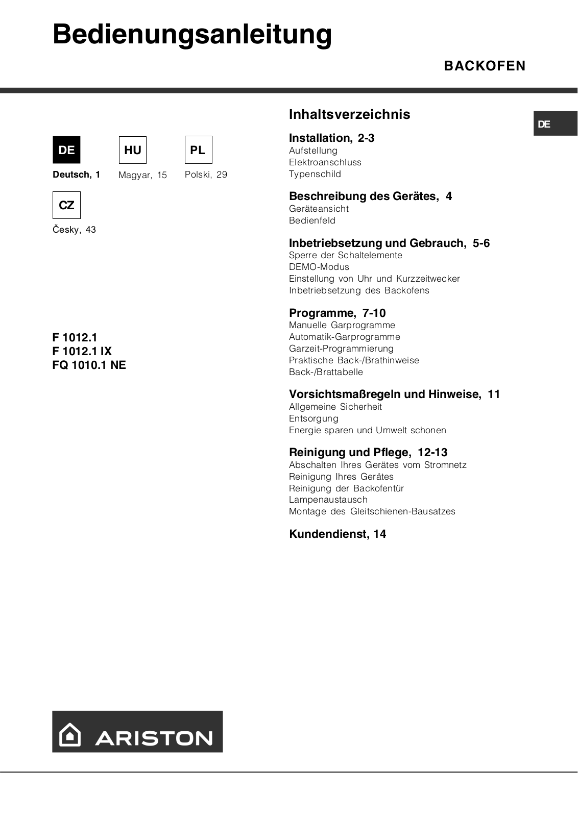 Hotpoint Ariston FQ 1010.1, F 1012.1 IX User Manual