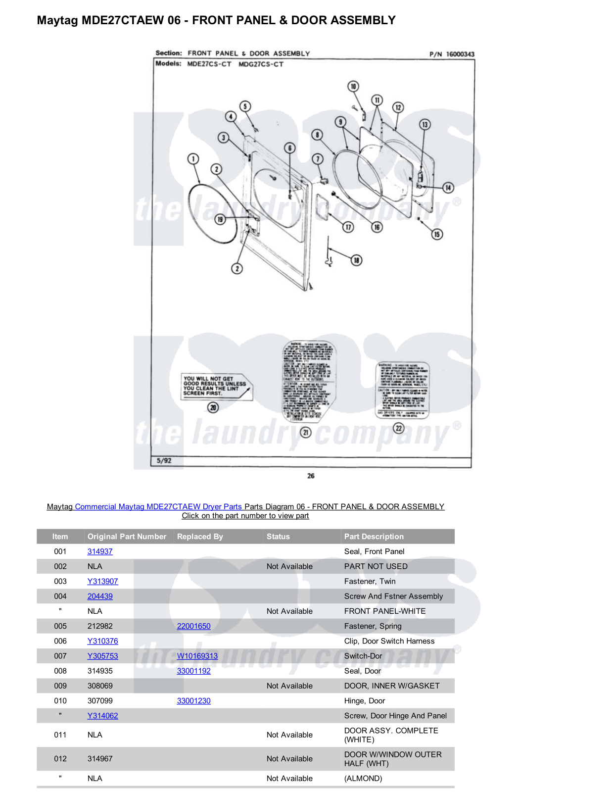 Maytag MDE27CTAEW Parts Diagram