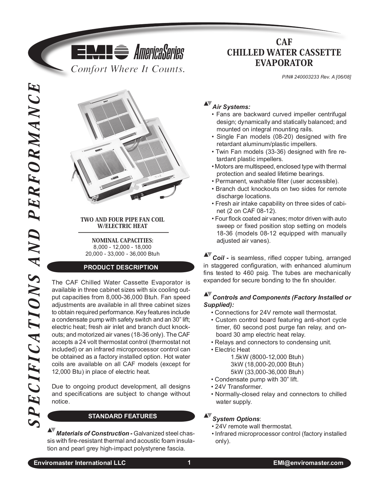 EMI Chilled Water Cassette Evaporator CAF User Manual