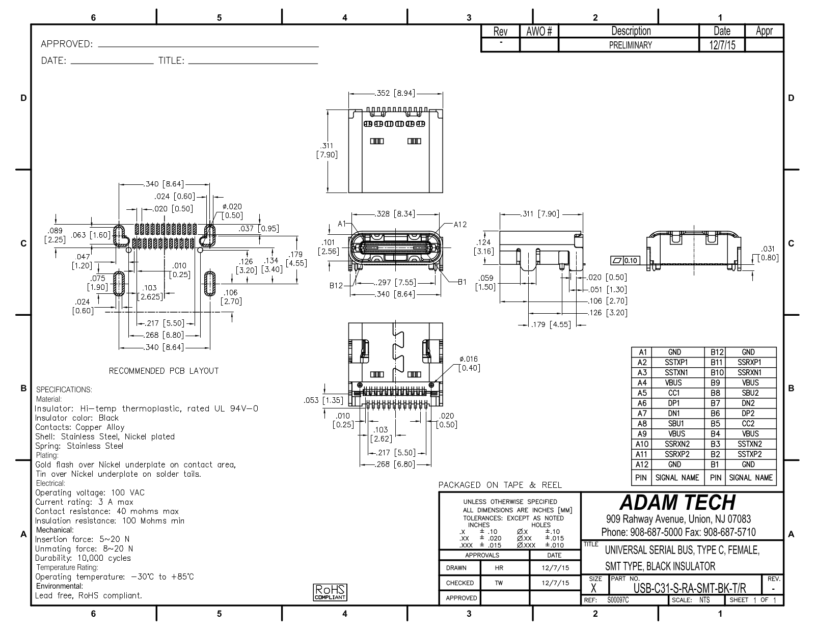 Datasheet USB-C31-S-RA-SMT-BK Specification - ManualMachine.com