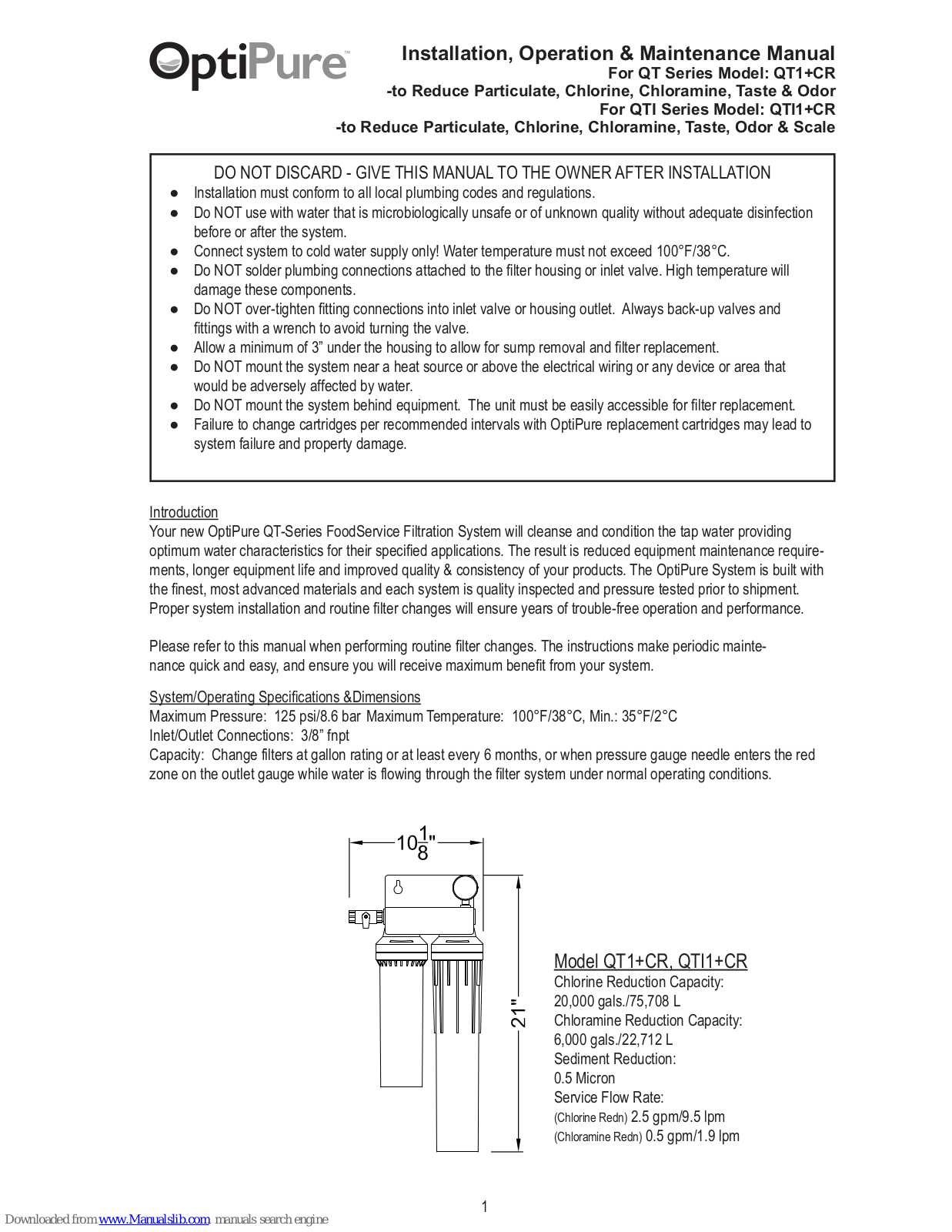 OptiPure QTI1+CR, QT1+CR Maintenance Manual