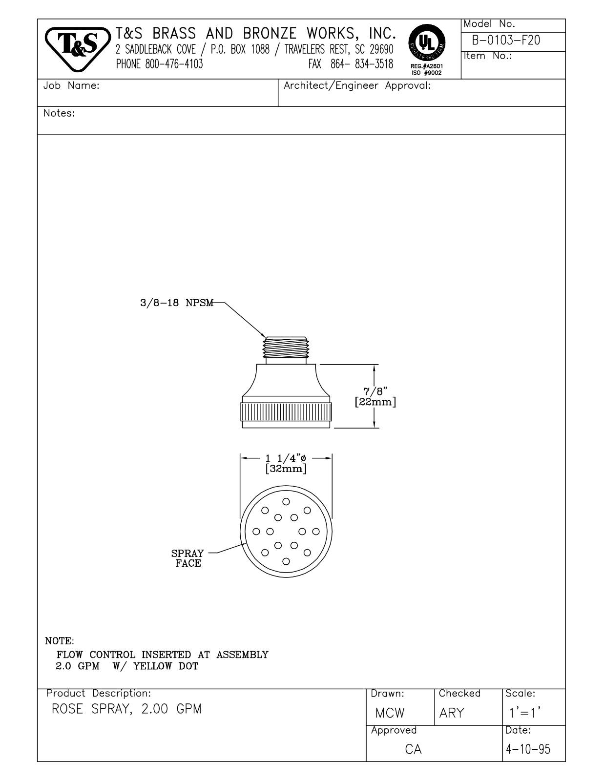 T&S Brass B-0103-F20 User Manual