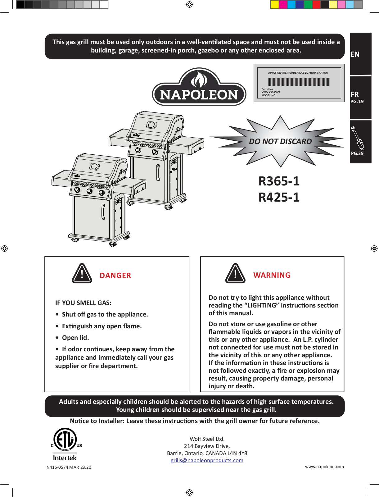 Napoleon R425PK1, R365PK1 User Manual