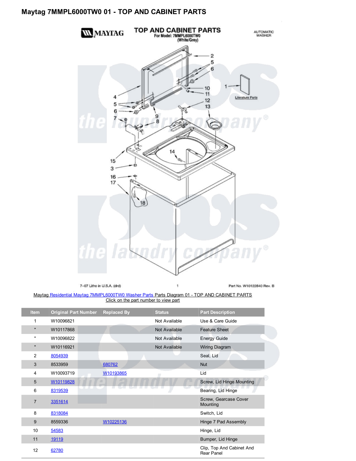 Maytag 7MMPL6000TW0 Parts Diagram