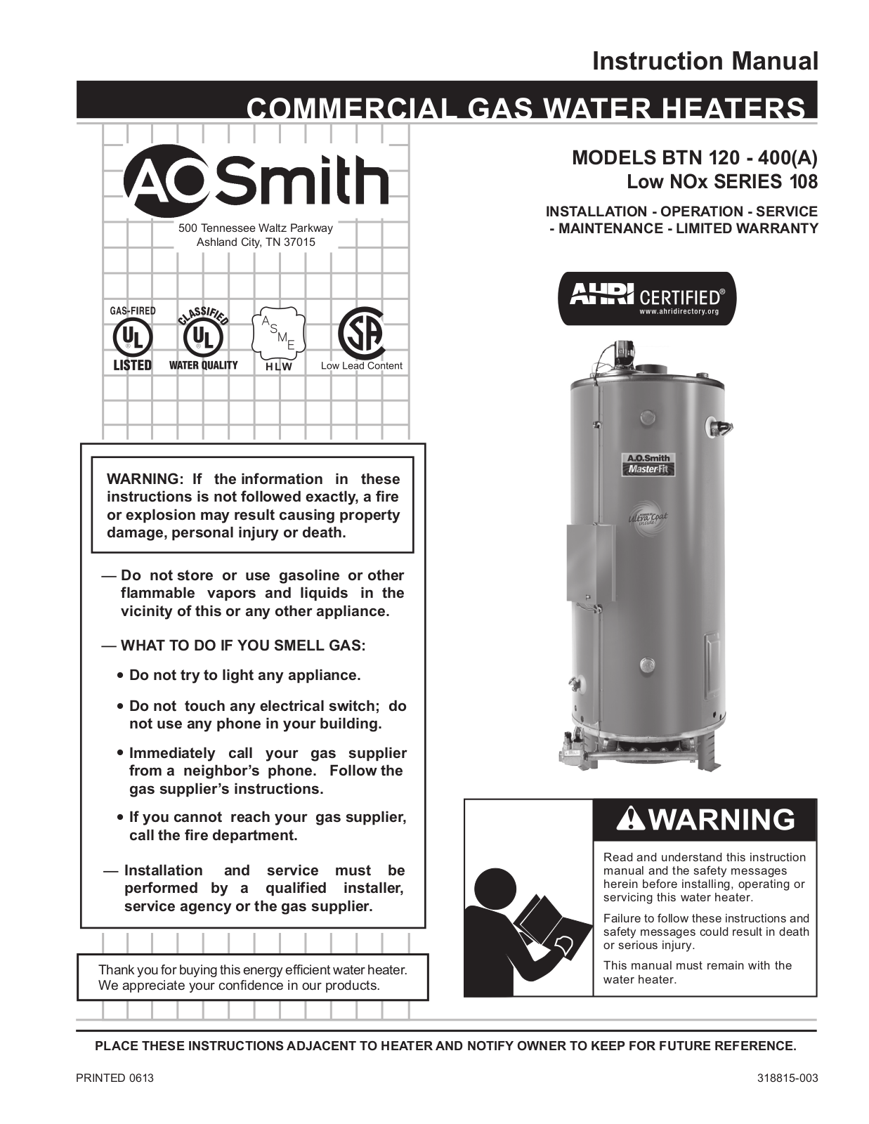 A.O. Smith BTN-120, BTN-154, BTN-180, BTN-199C, BTN-199 Installation Manual