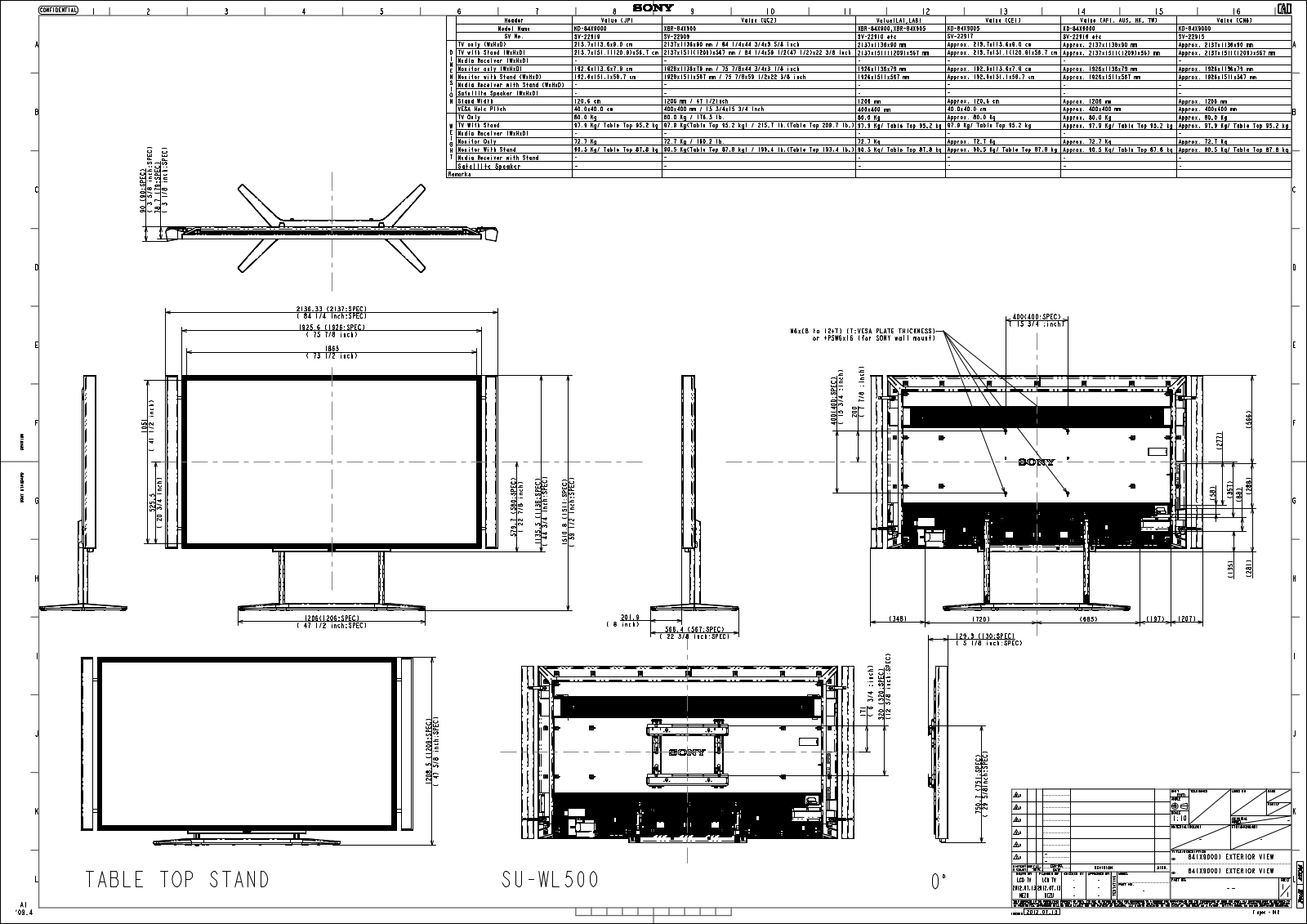 Sony XBR-84X900 Dimensions Diagram