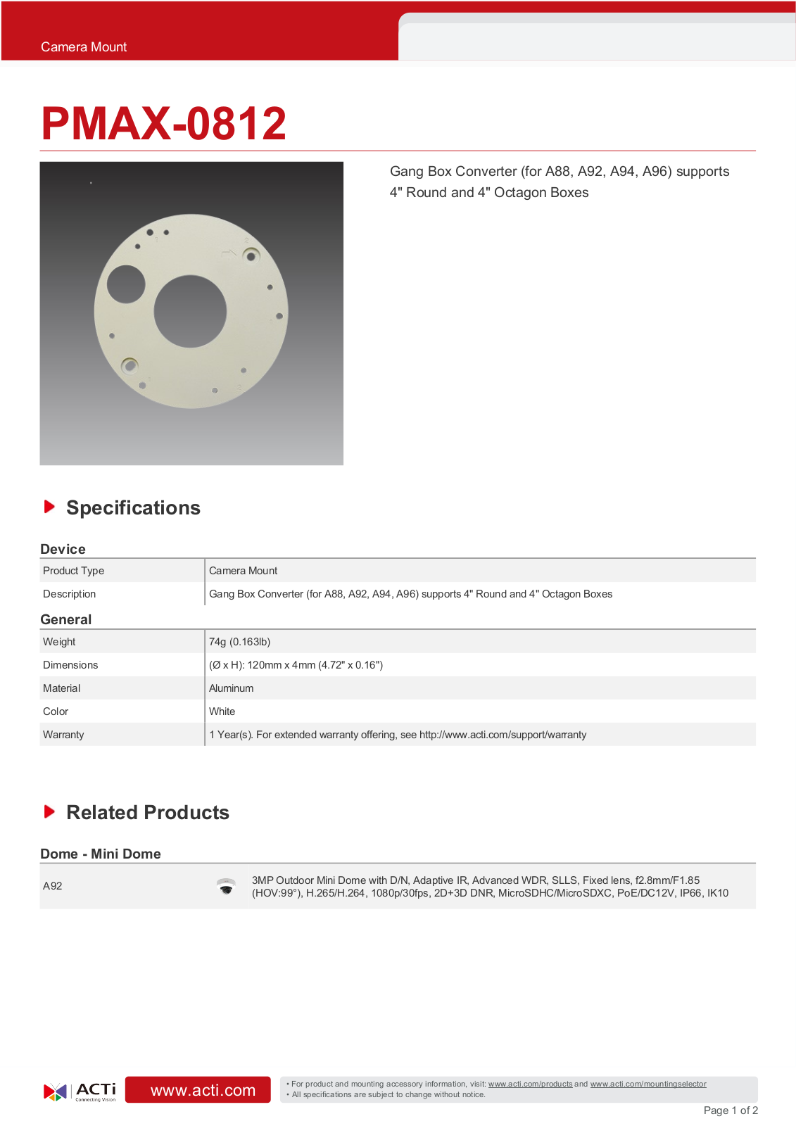 ACTi PMAX-0812 Specsheet