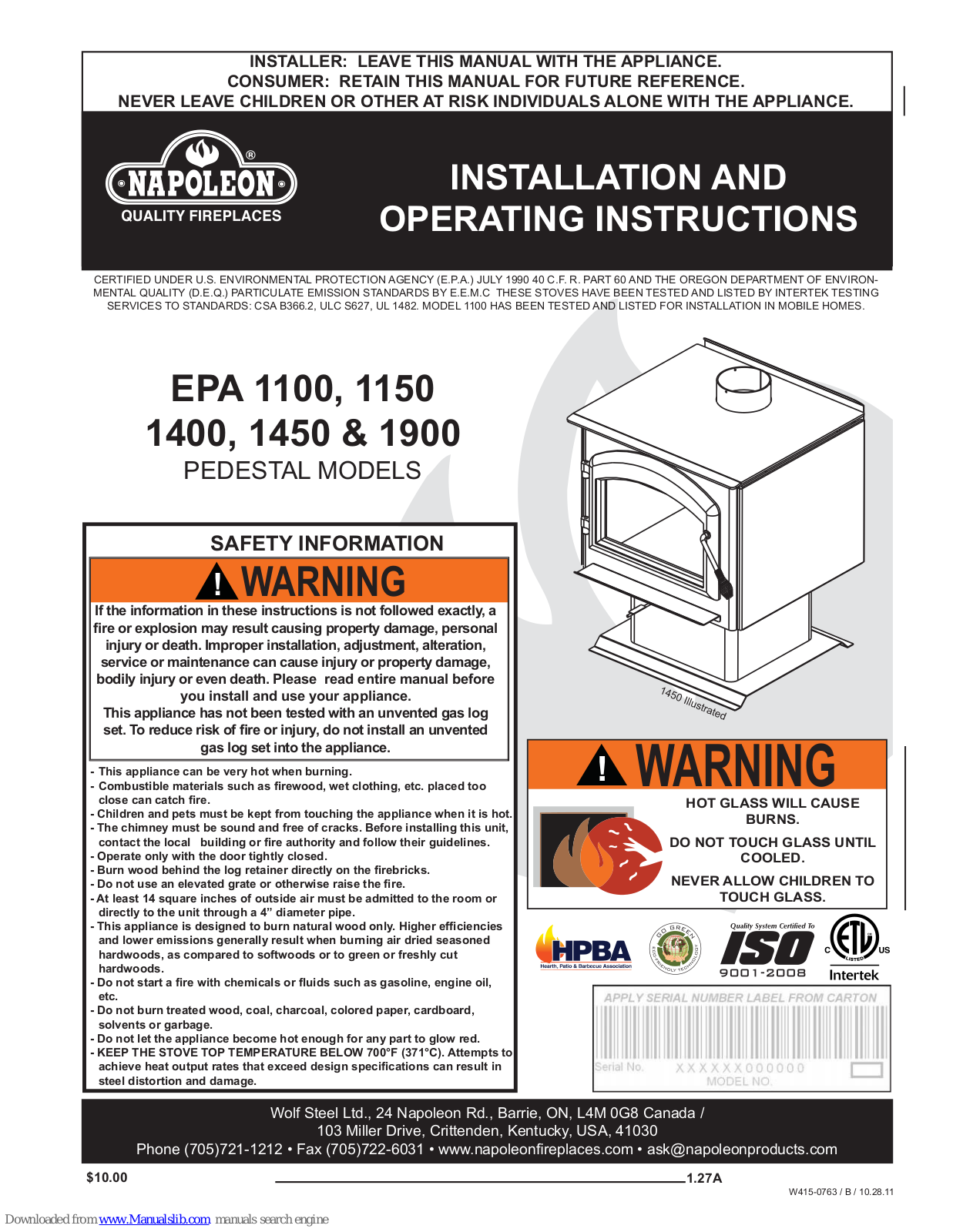 Napoleon EPA1100, EPA 1400, EPA 1450, EPA 1150, EPA 1900 Installation And Operating Instructions Manual