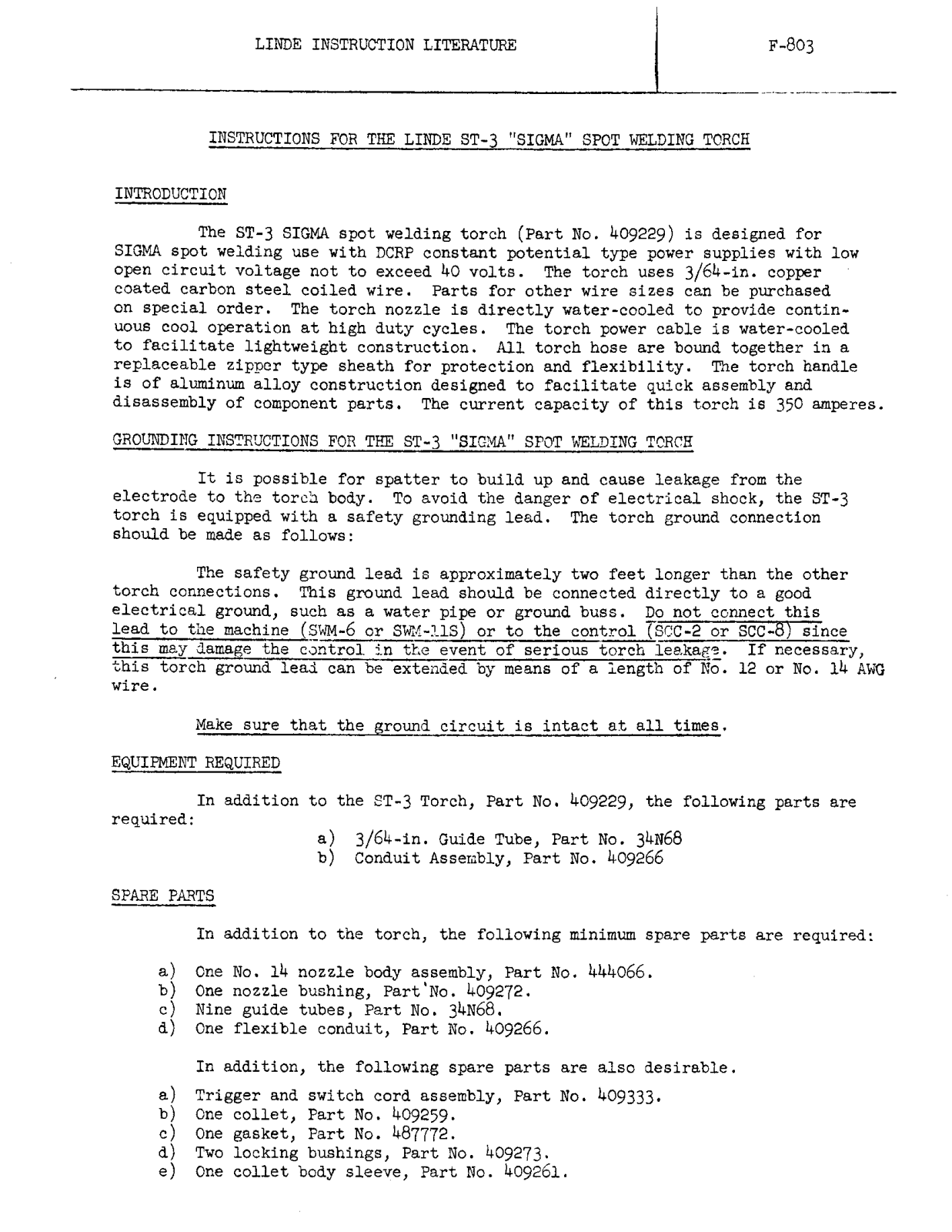 UNION CARBIDE Instructions for the Linde ST-3 