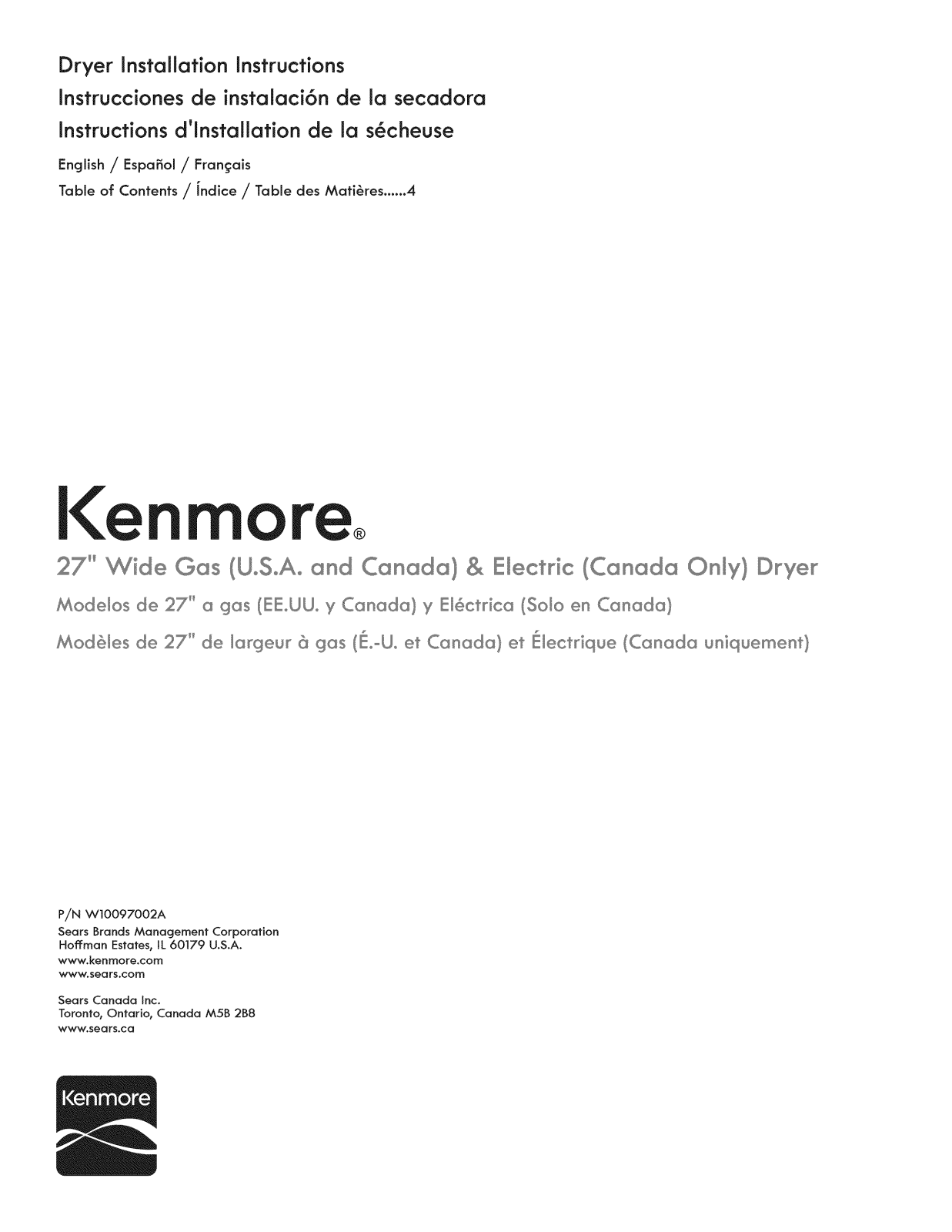 Kenmore 11076002010, 11076002011, 11076002012, 11078002010, 11078002011 Installation Guide