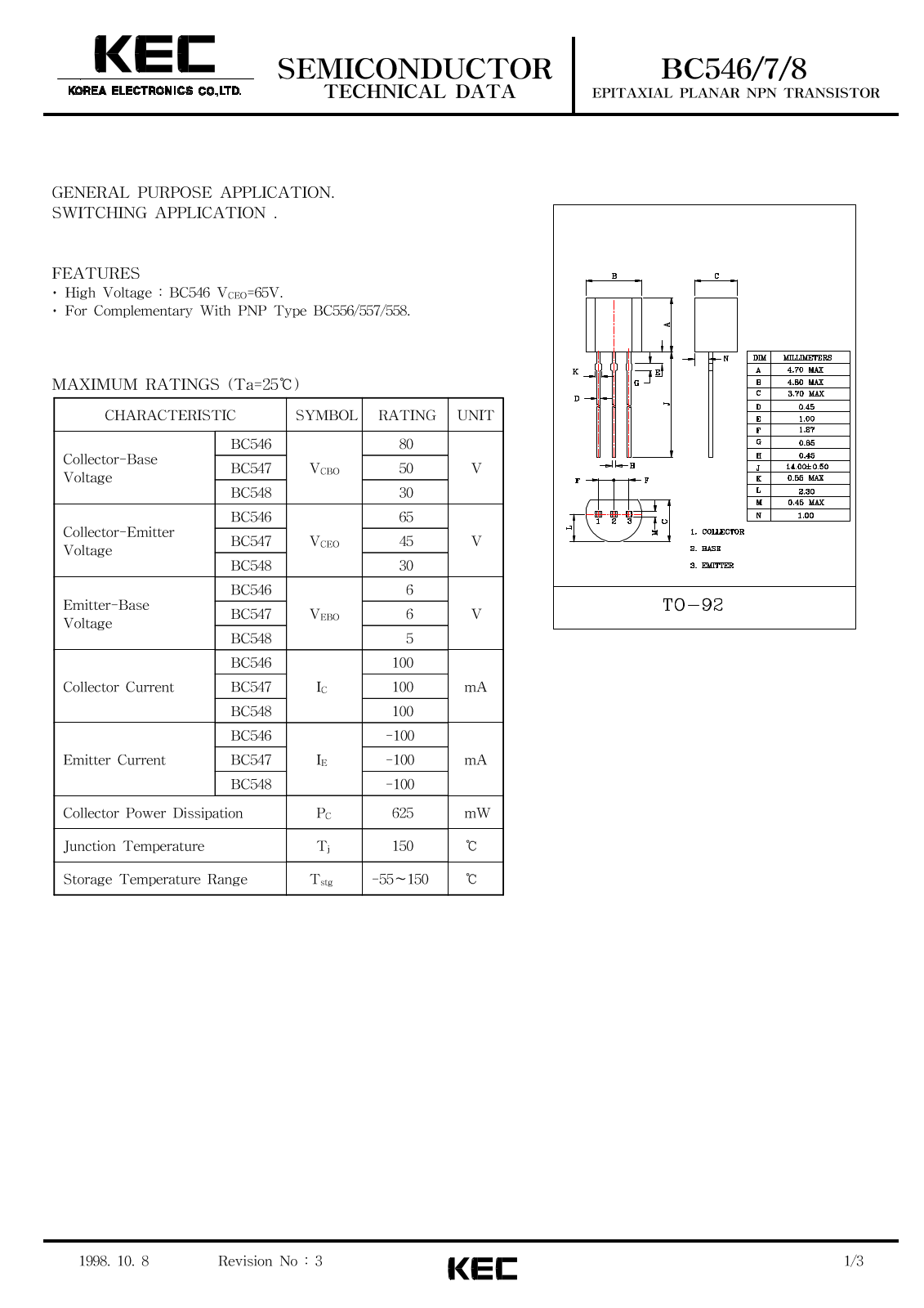 Korea Electronics Co  Ltd BC548, BC547, BC546 Datasheet